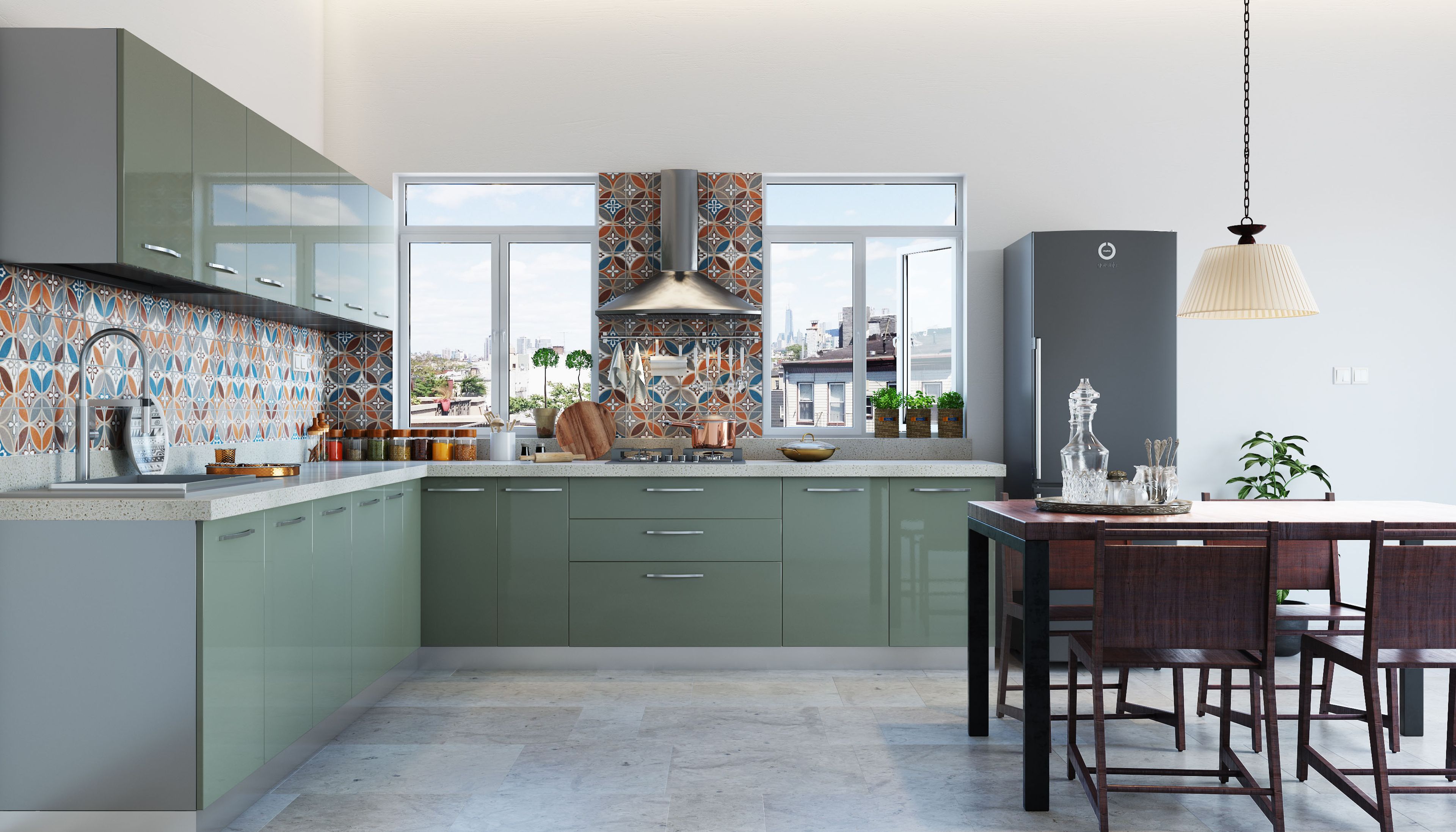 Modern and Spacious L-Shaped Kitchen Design With Corian Countertop