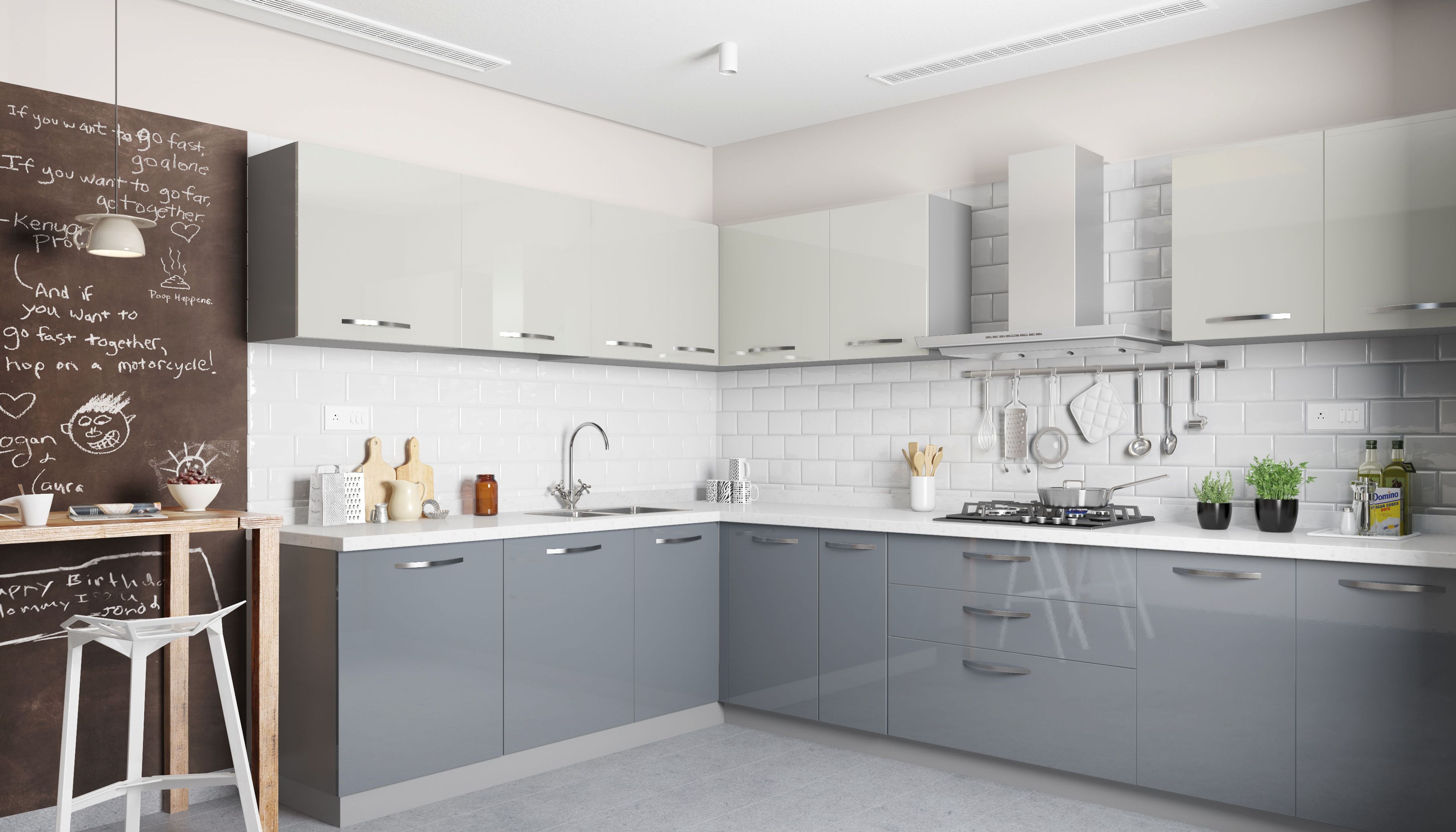 Contemporary L-Shaped Kitchen Design in Metallic Silver and White