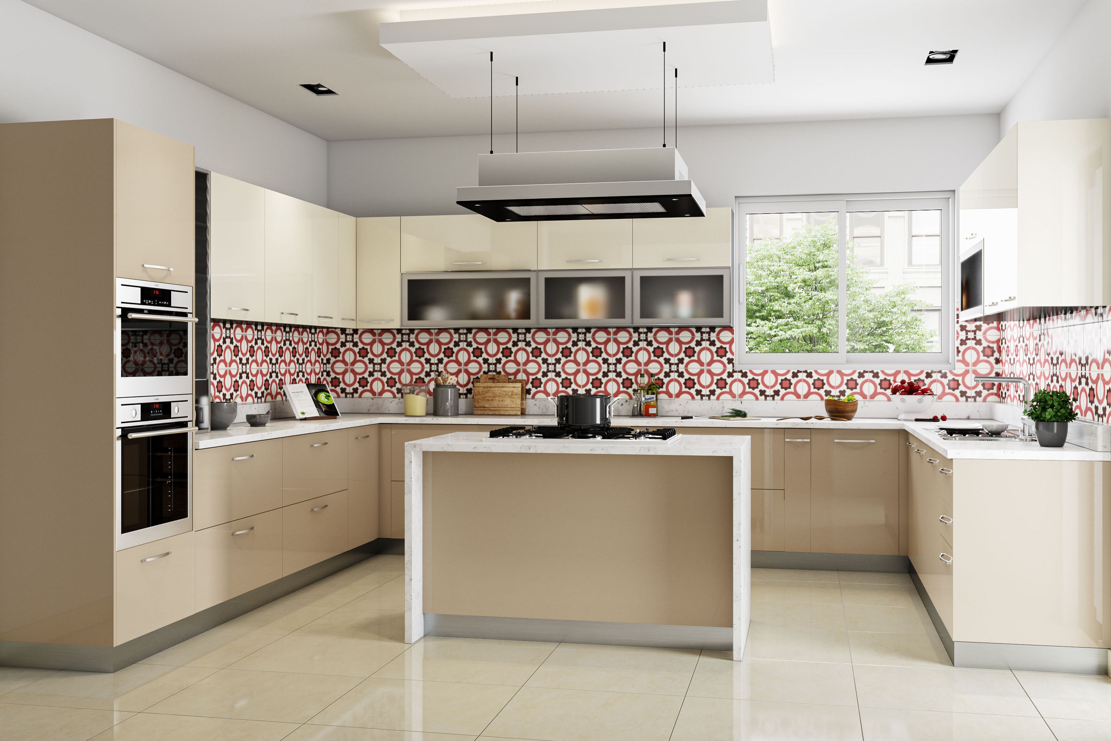 Modern Island Kitchen Design With Irish Cream and White Units