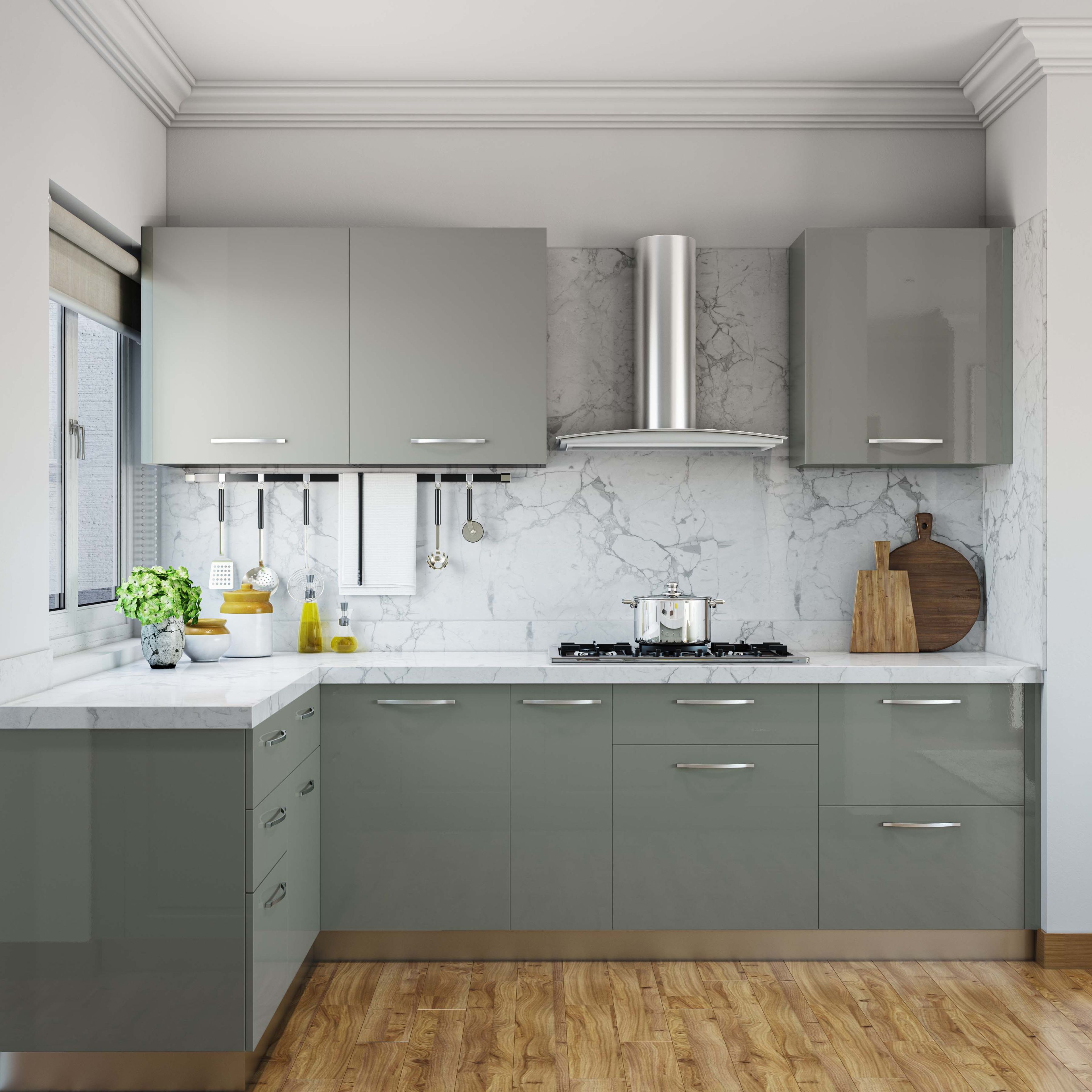 Modern L-Shaped Kitchen Design With Silver and Grey Units