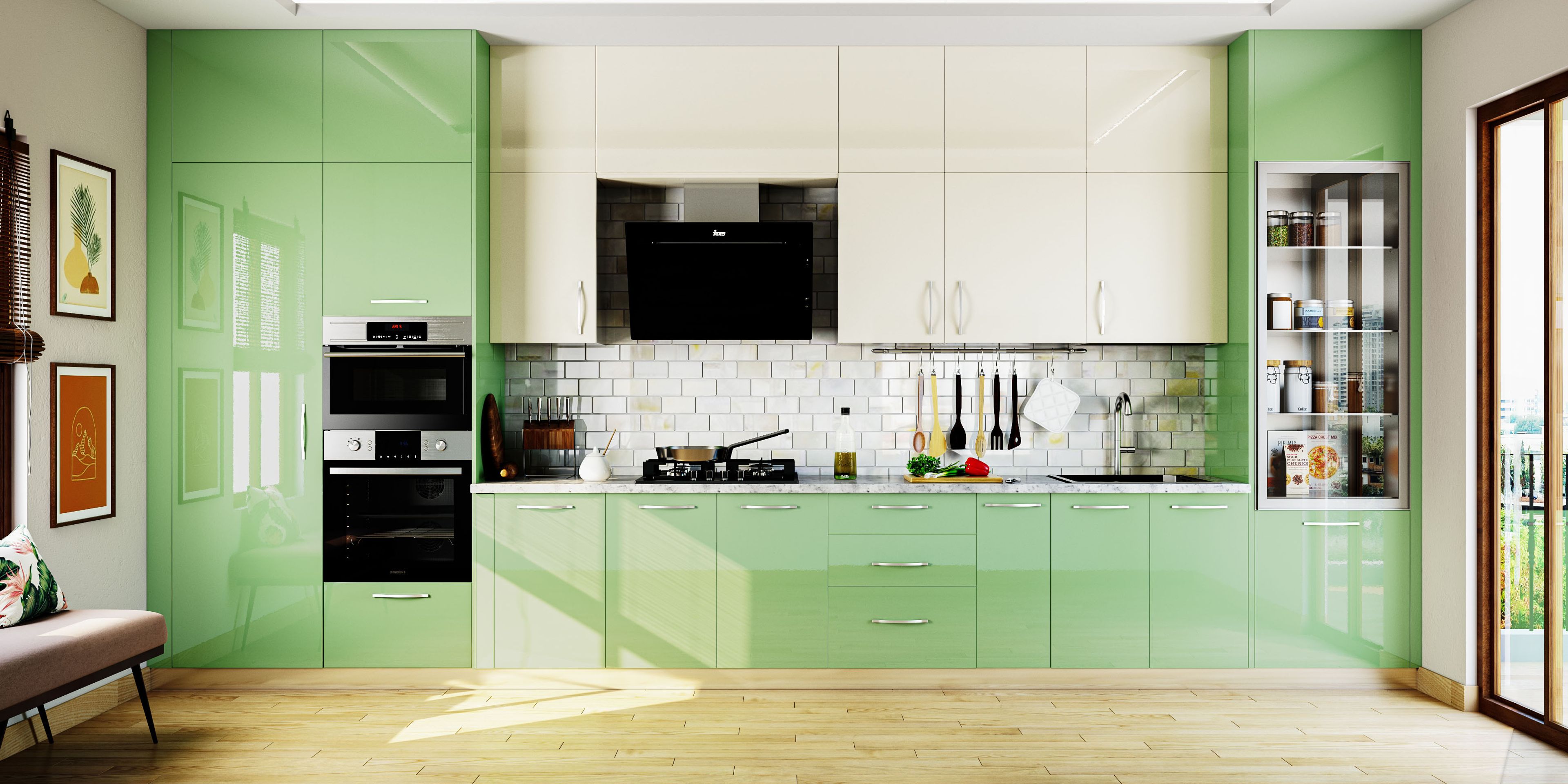 Spacious Modern Open Kitchen Design With Salvia and White Units