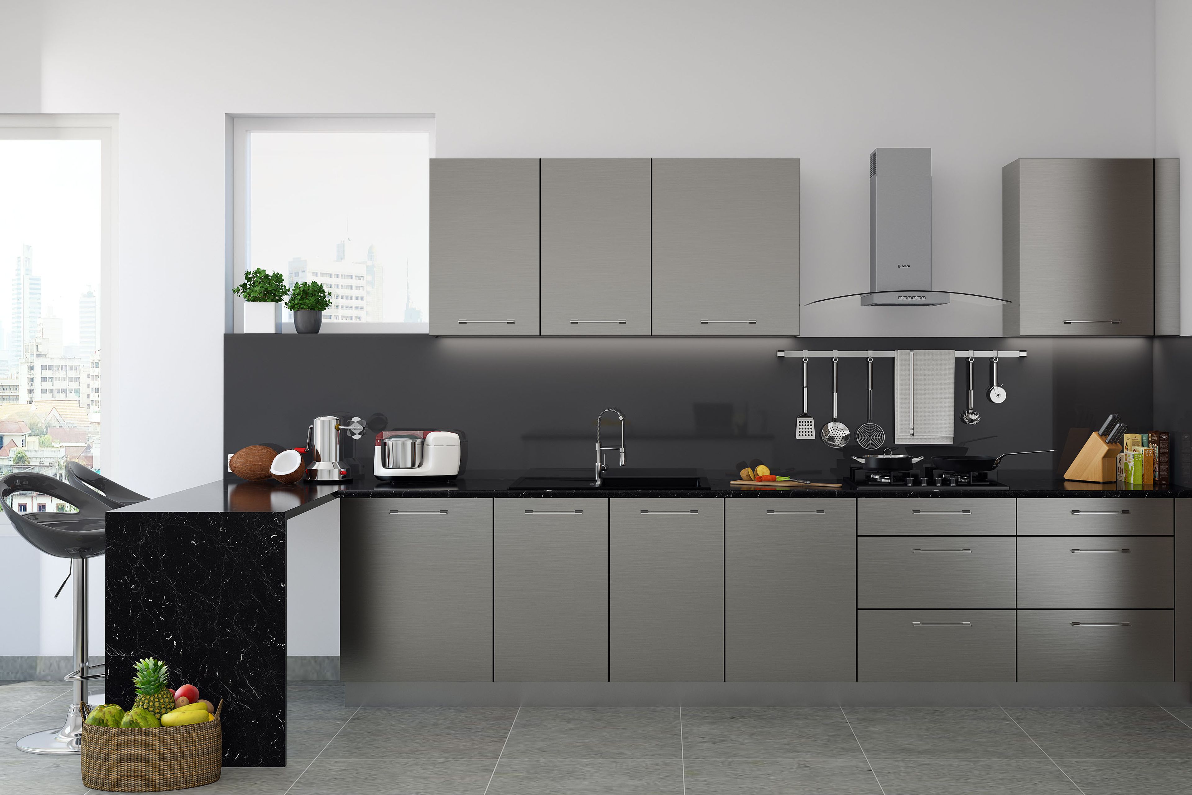 Functional and Contemporary L-Shaped Kitchen Design in Alumina Pearl