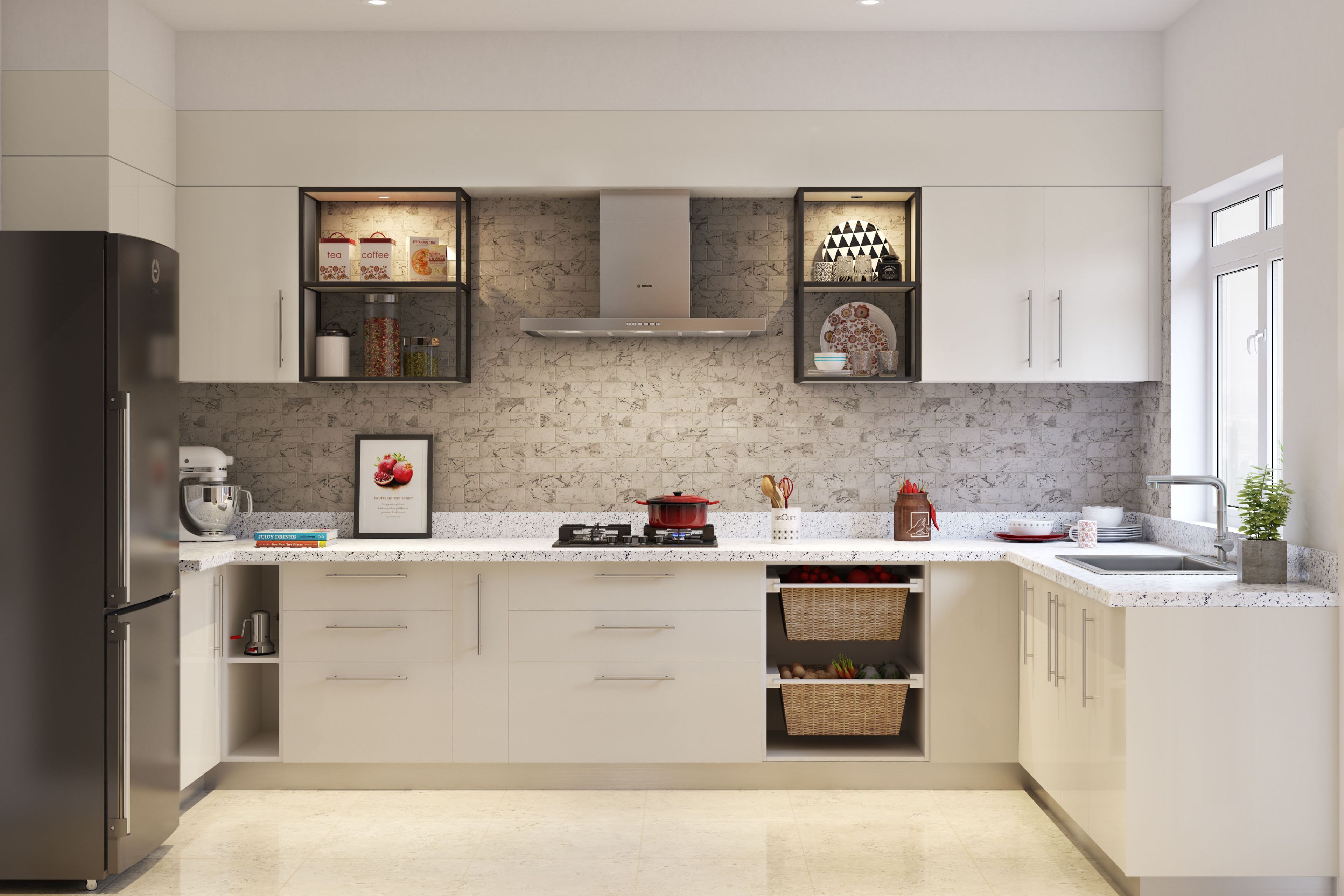 Modern and Sleek White U-Shaped Kitchen Design