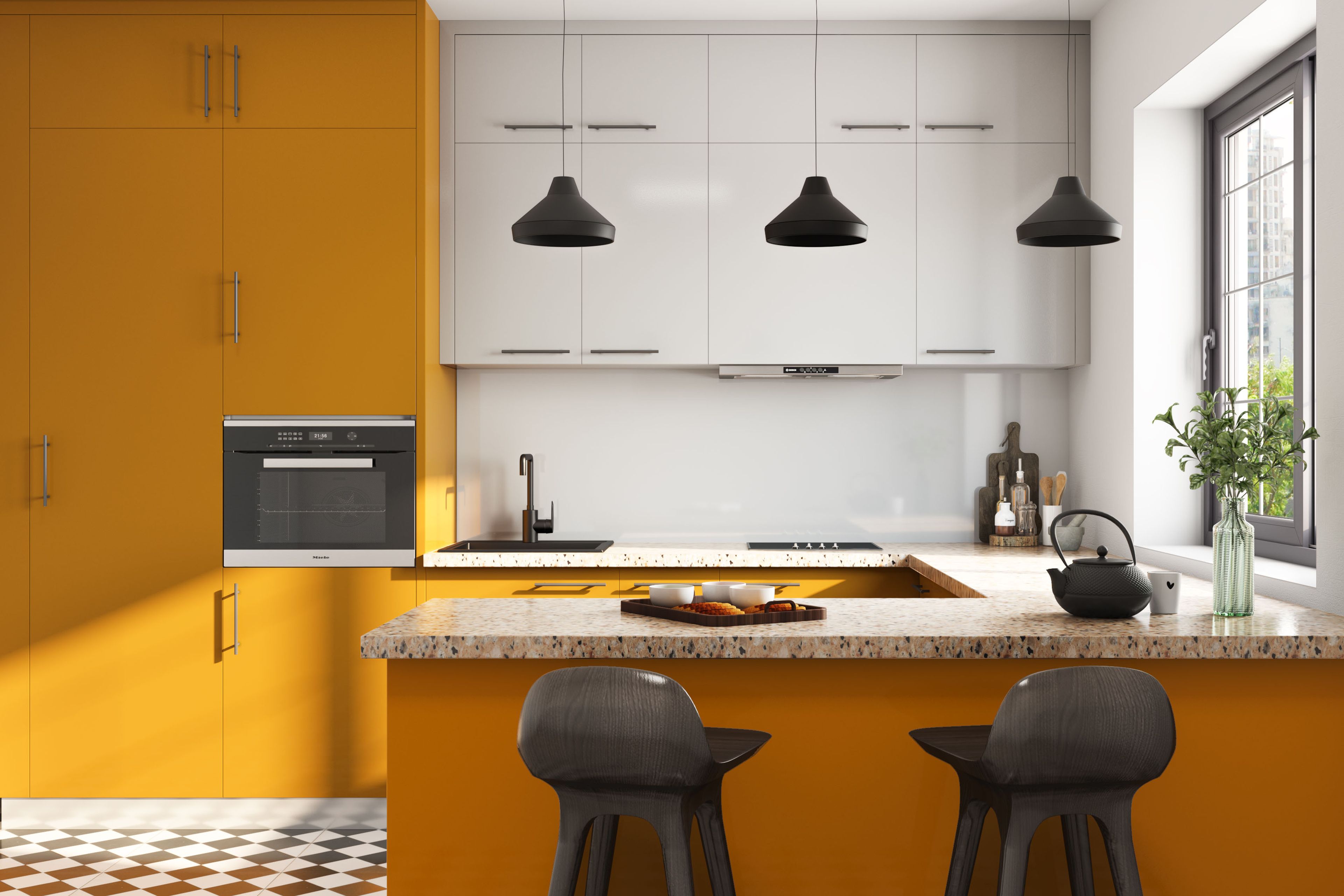 Colorful and Modern U-Shaped Kitchen Design With Storage Units