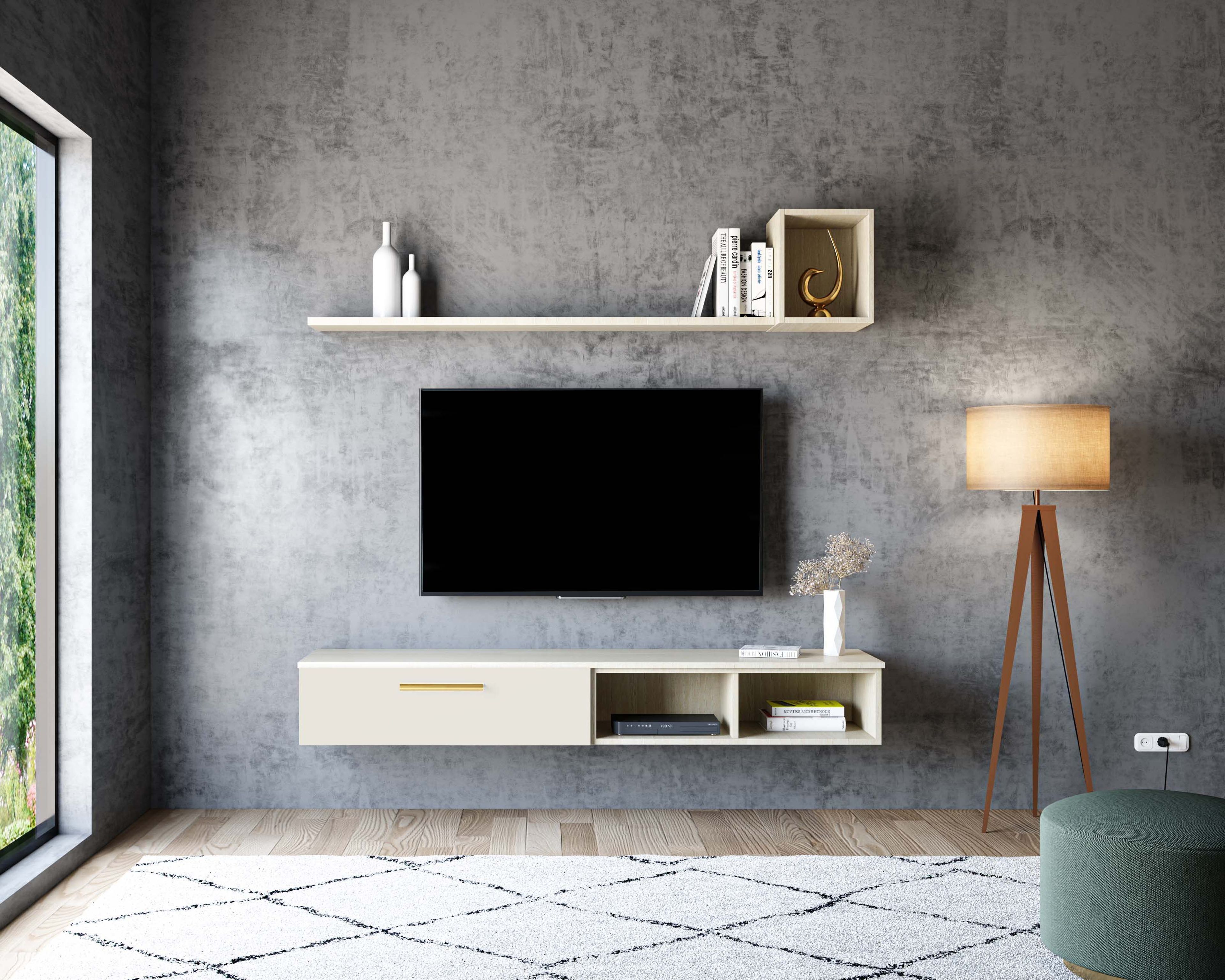 Stylish Modern Pumic Grey TV Unit Design with Concrete Wall Accent