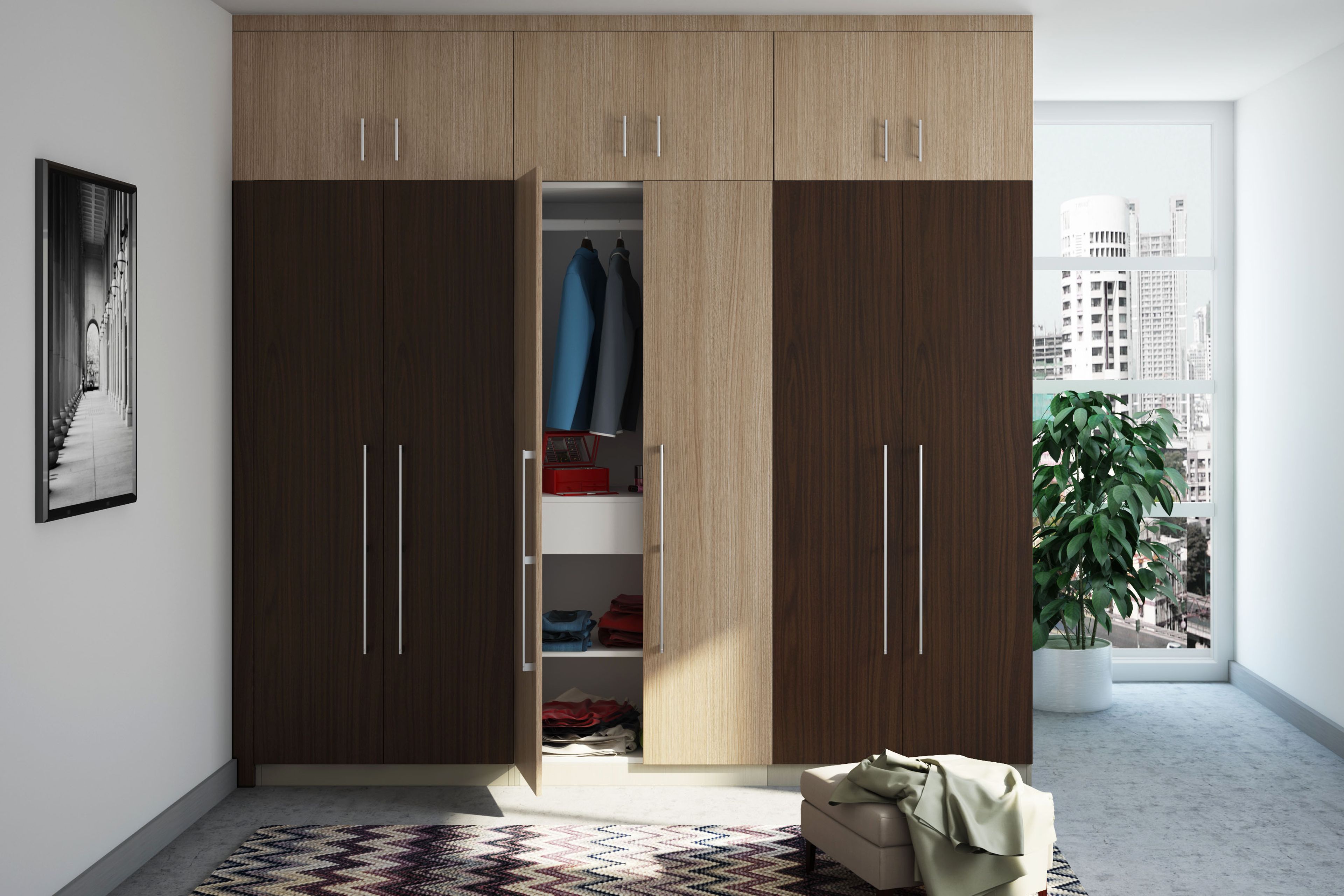 Modern 6 Door Swing Wardrobe Design in Walnut Colour