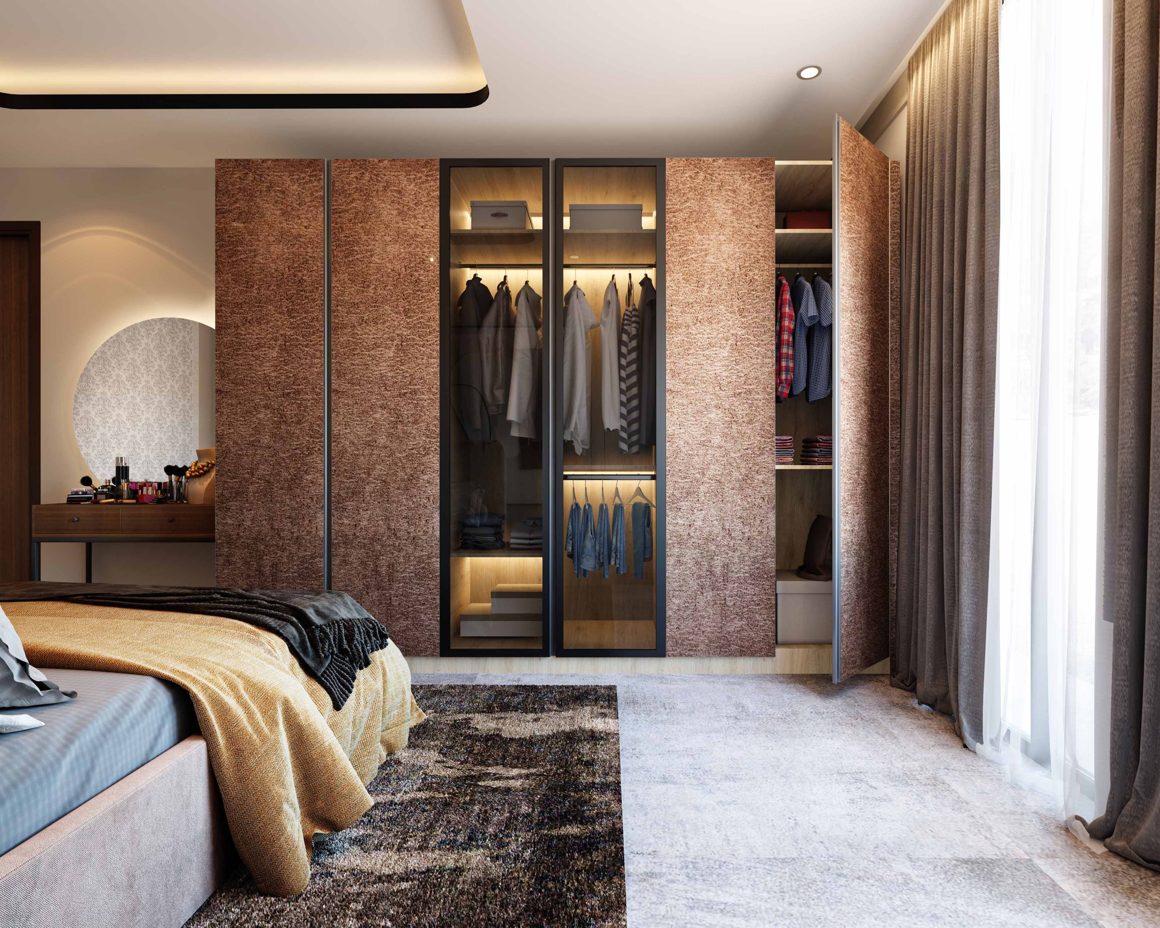 Mid-Century Modern 6-Door Swing Wardrobe Design in Wooden Texture