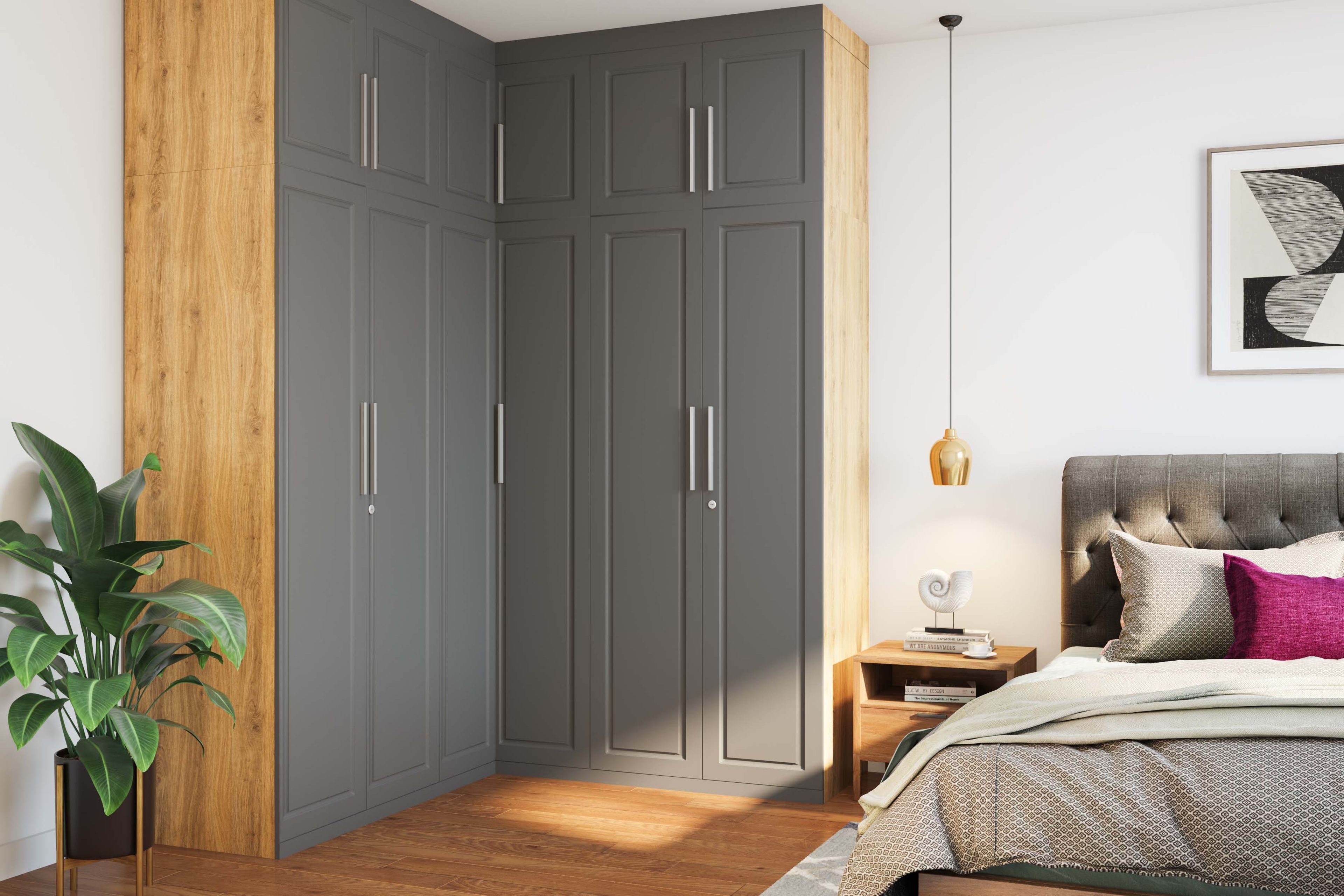 Contemporary L Shaped 6 Door Wardrobe Design in Suede Finish