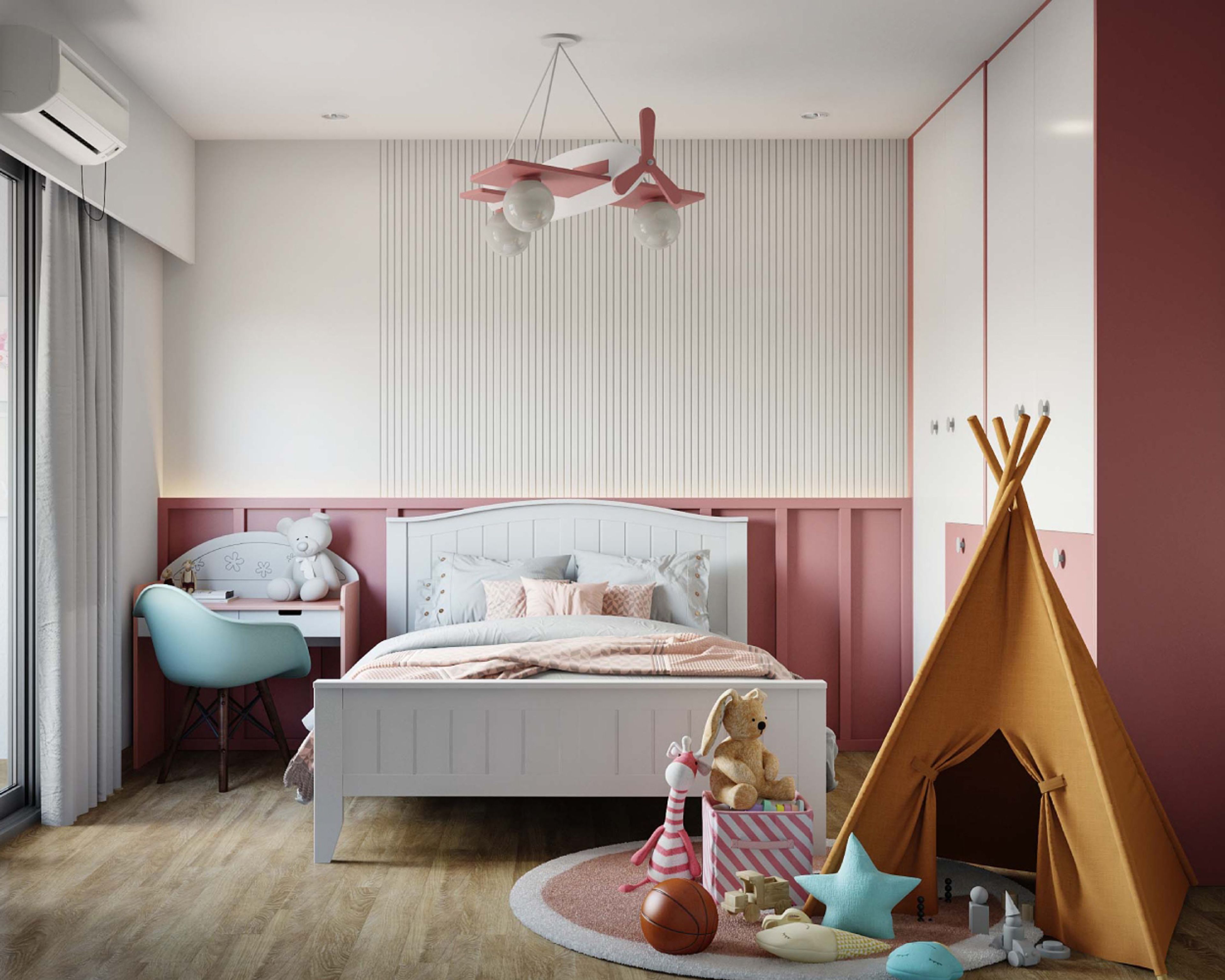 Shabby Chic Pink And White Kids Room Design For Girls With Yellow Tipi