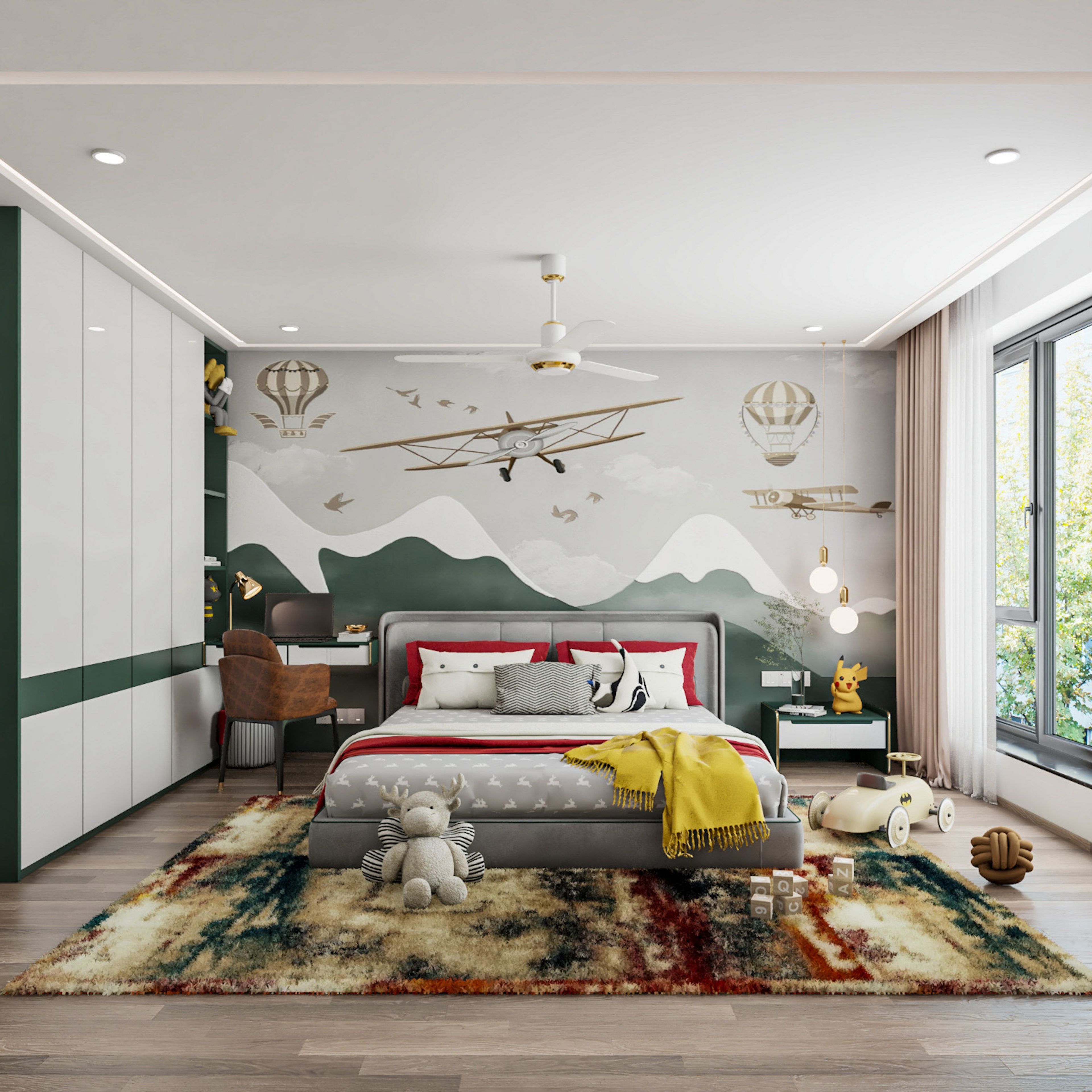 Contemporary Green And White Kids Bedroom Design With 4-Door Swing Wardrobe