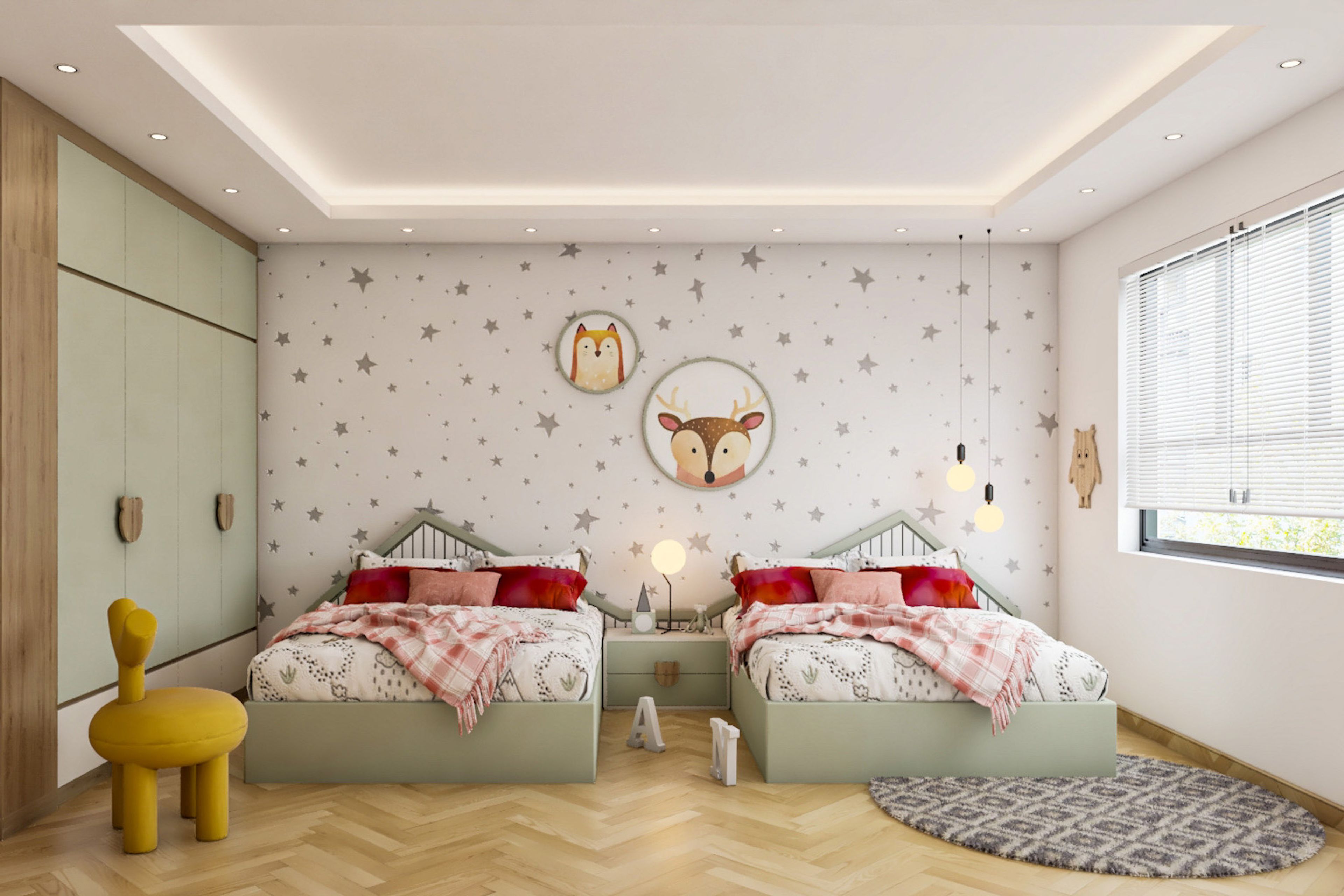 Modern Green And Wood Kids Room Design With 4-Door Swing Wardrobe