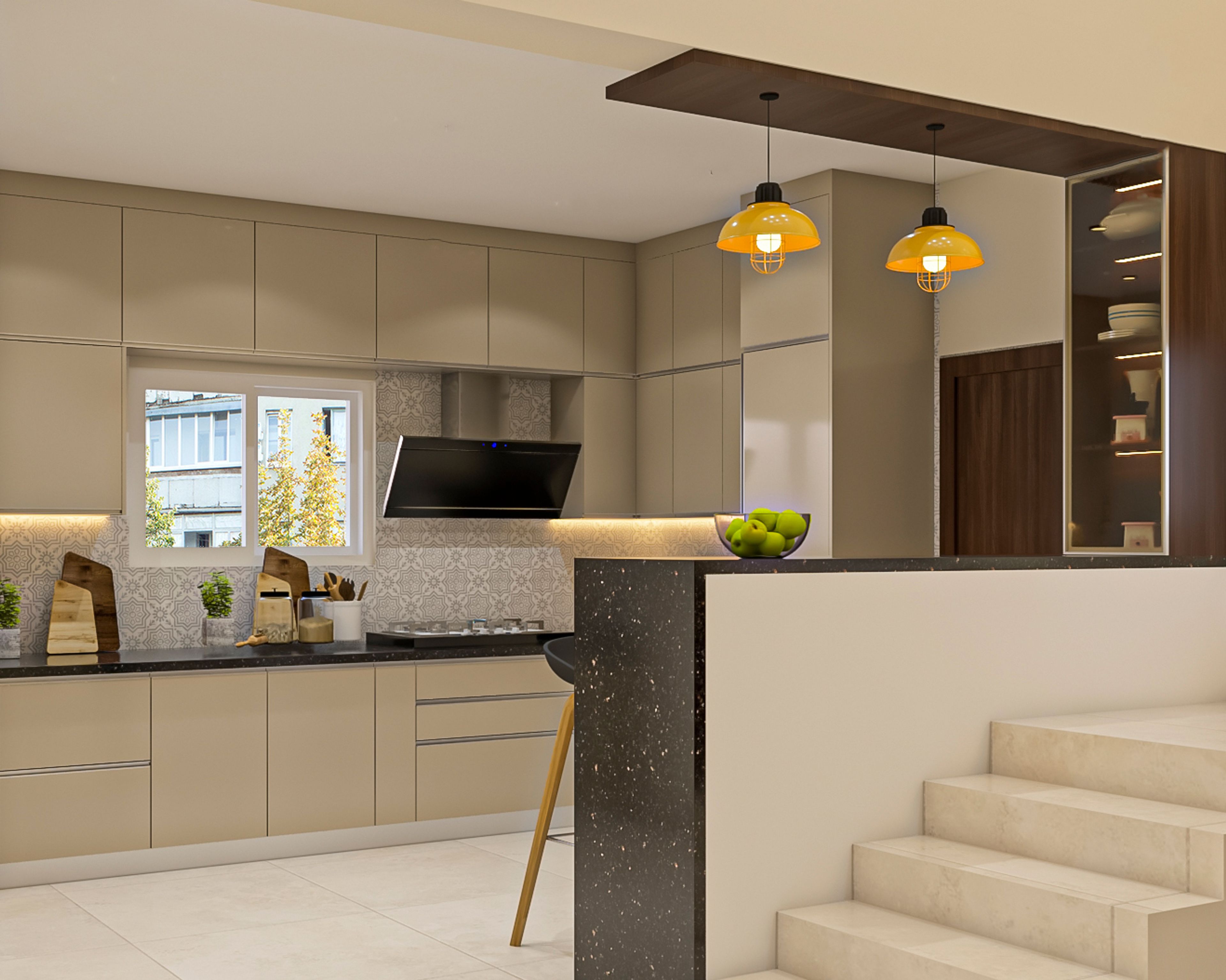 Irish Cream L-Shaped Kitchen Design With Staircase- Livspace