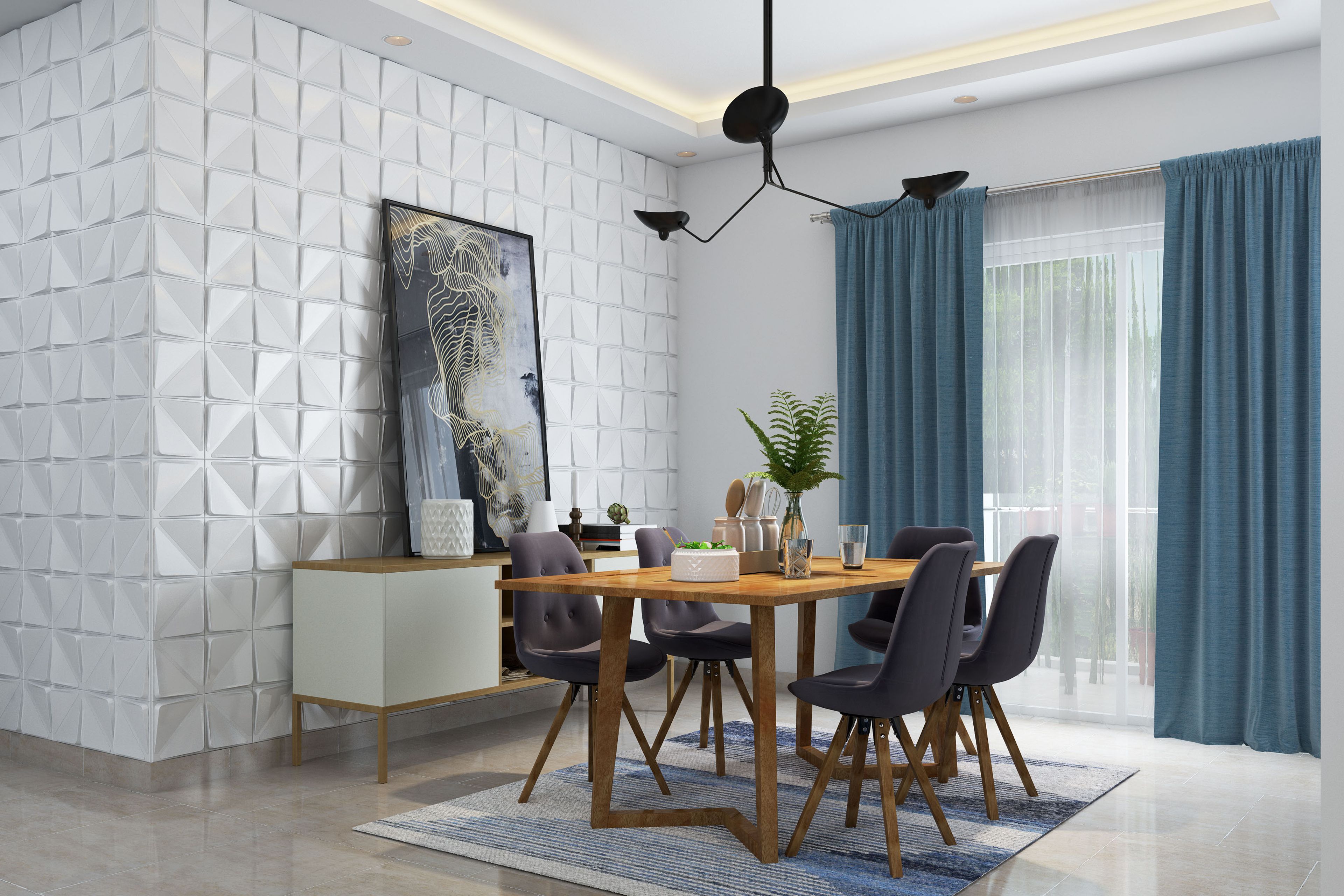 Contemporary dining room with dark grey and wood 5-seater table, complemented by a white storage unit. Ideal for medium-sized families. - Livspace