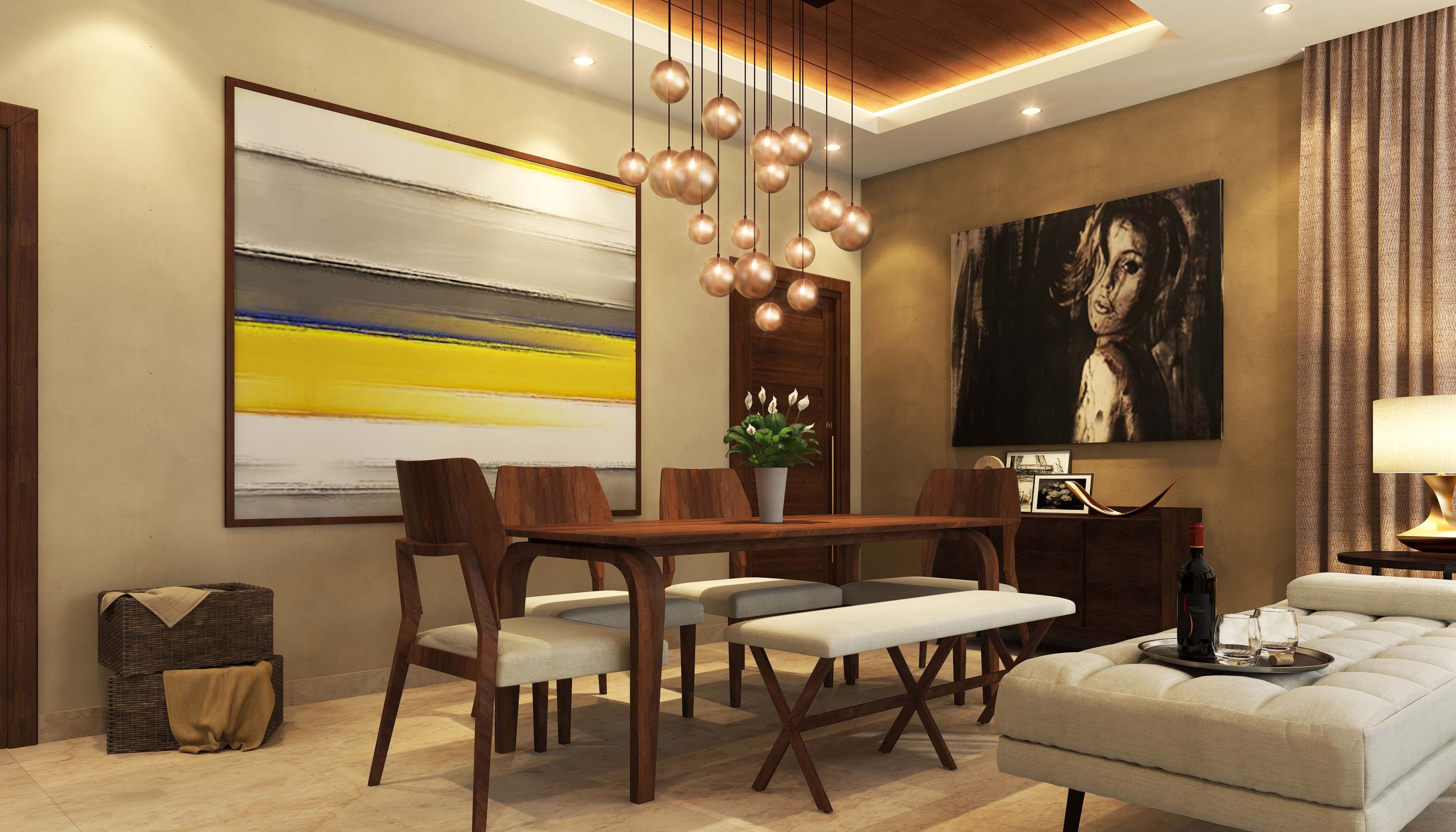 Image of modern dining room with wood and white 4-seater table and seats. - Livspace