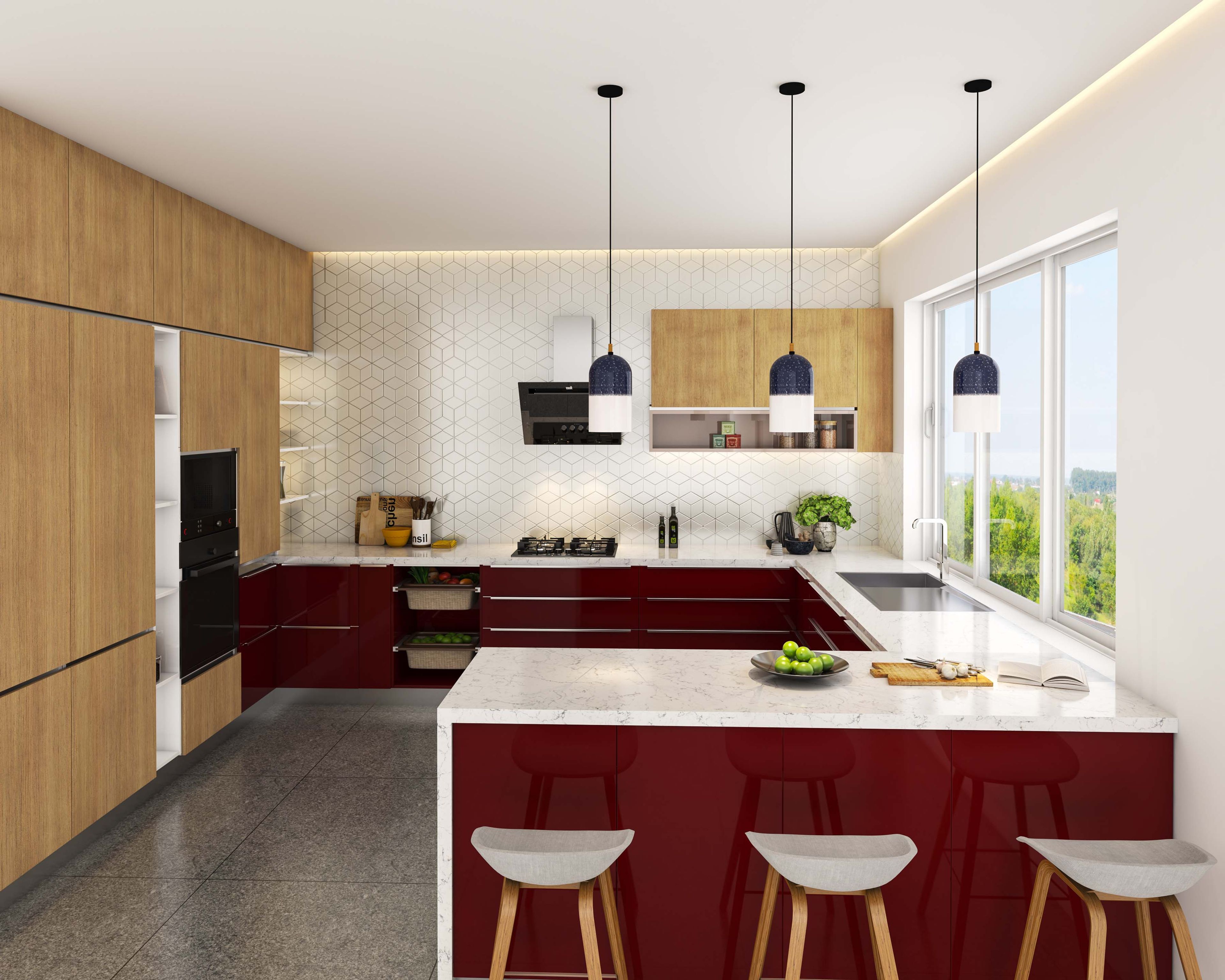 Classic Single-Layered Kitchen Ceiling Design With Drop Lights