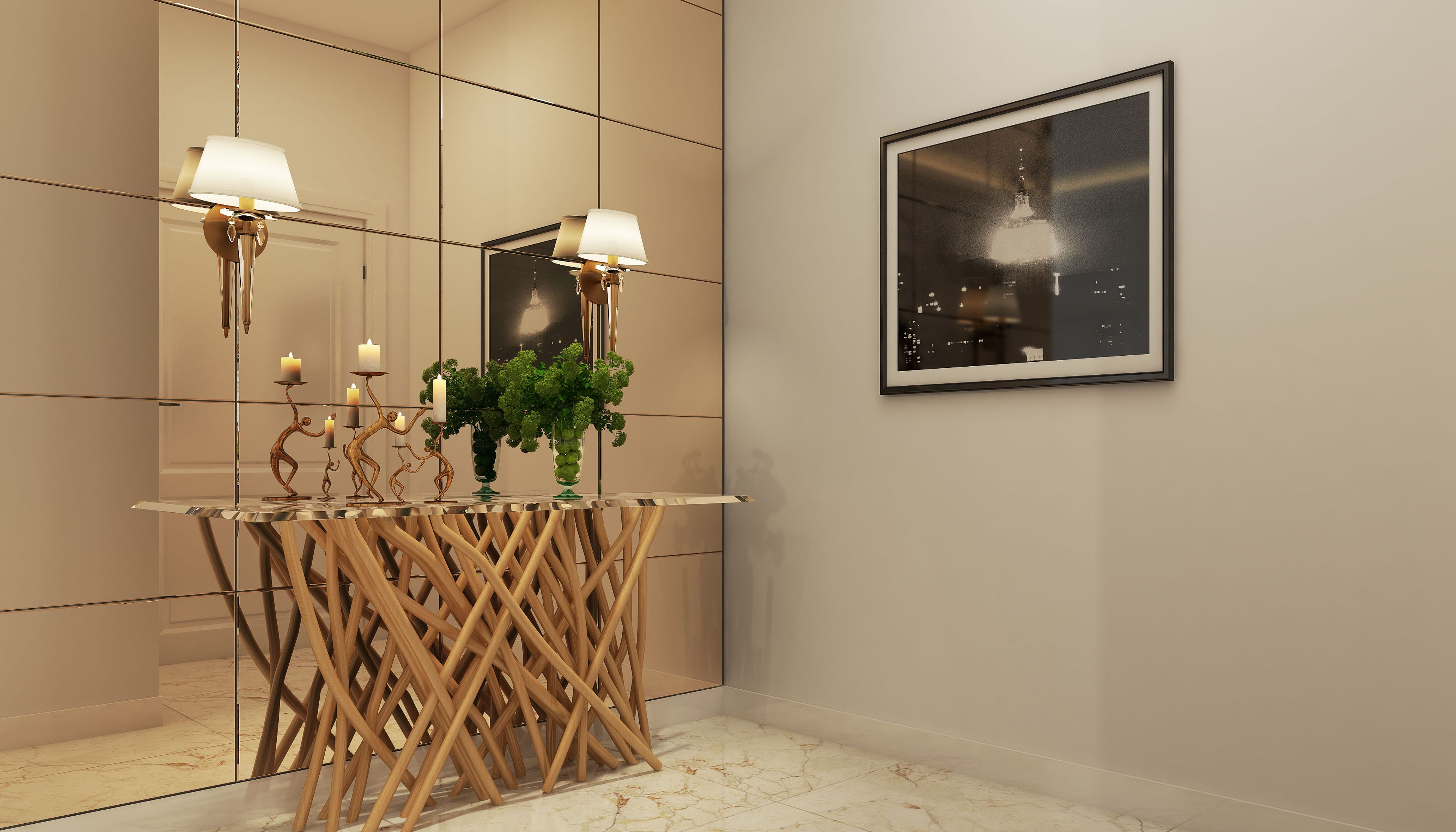 Modern Foyer Design with Tree-Branch Console and Gold-Toned Beveled Mirror Panel - Livspace
