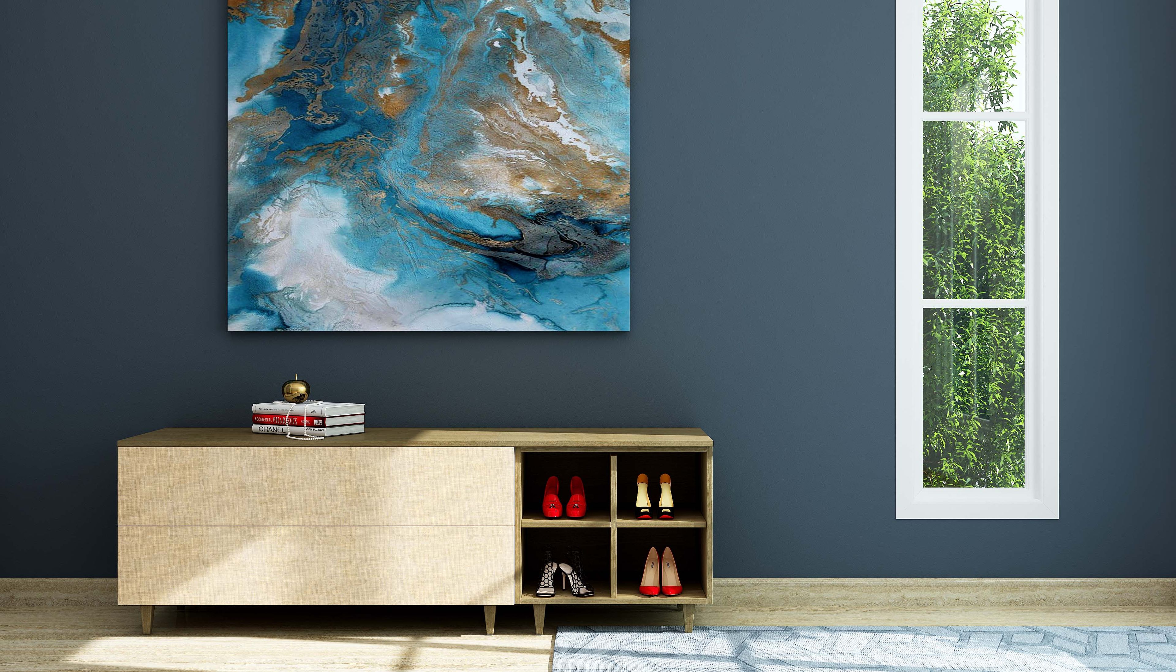 Modern foyer with Doredos pine and Moldua acacia light tones, suede-finished laminate console, and dark blue accent wall. - Livspace