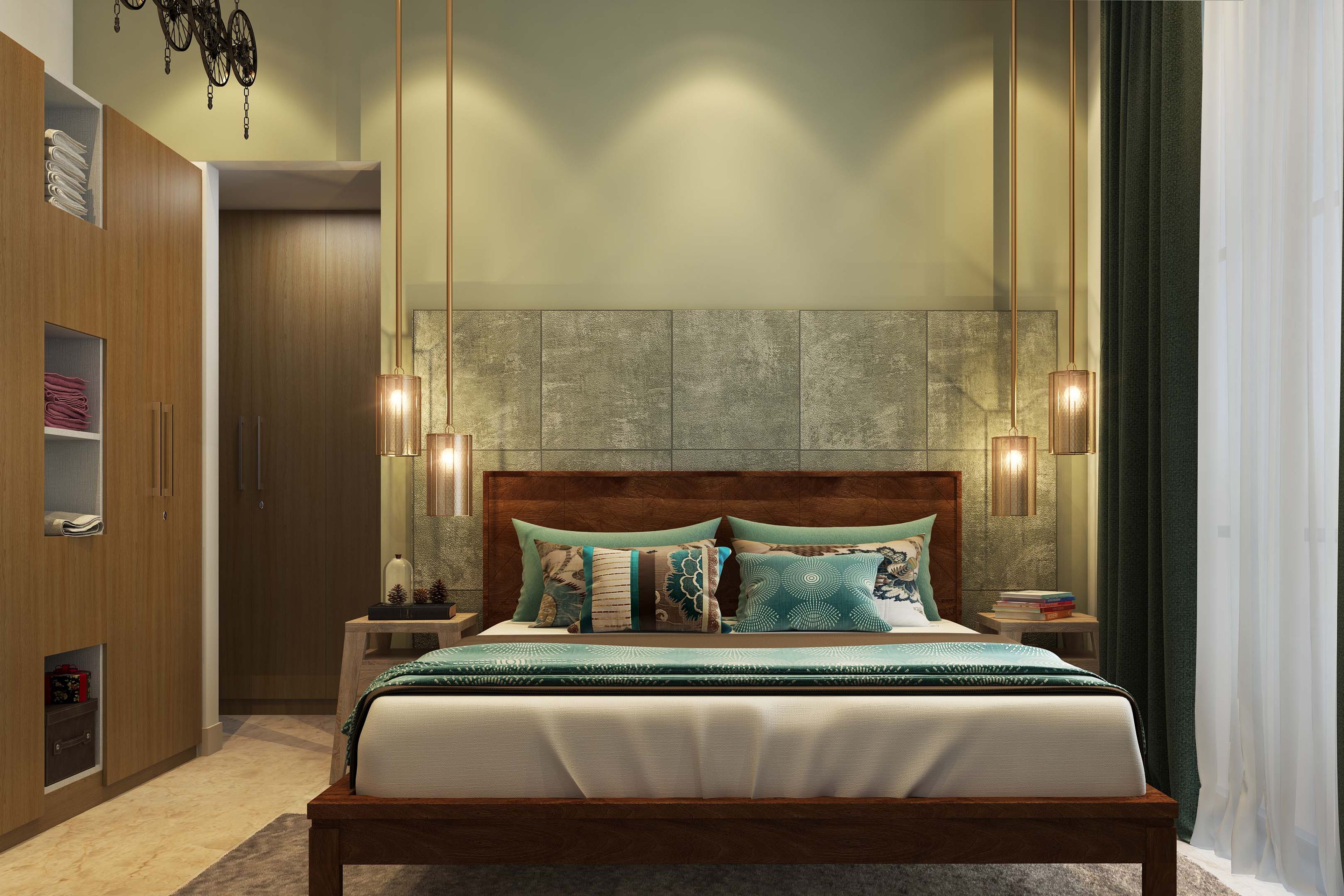 A modern guest bedroom with wooden queen bed, light brown side tables, and a 4-door swing wardrobe against a light green wall with grey paneling - Livspace