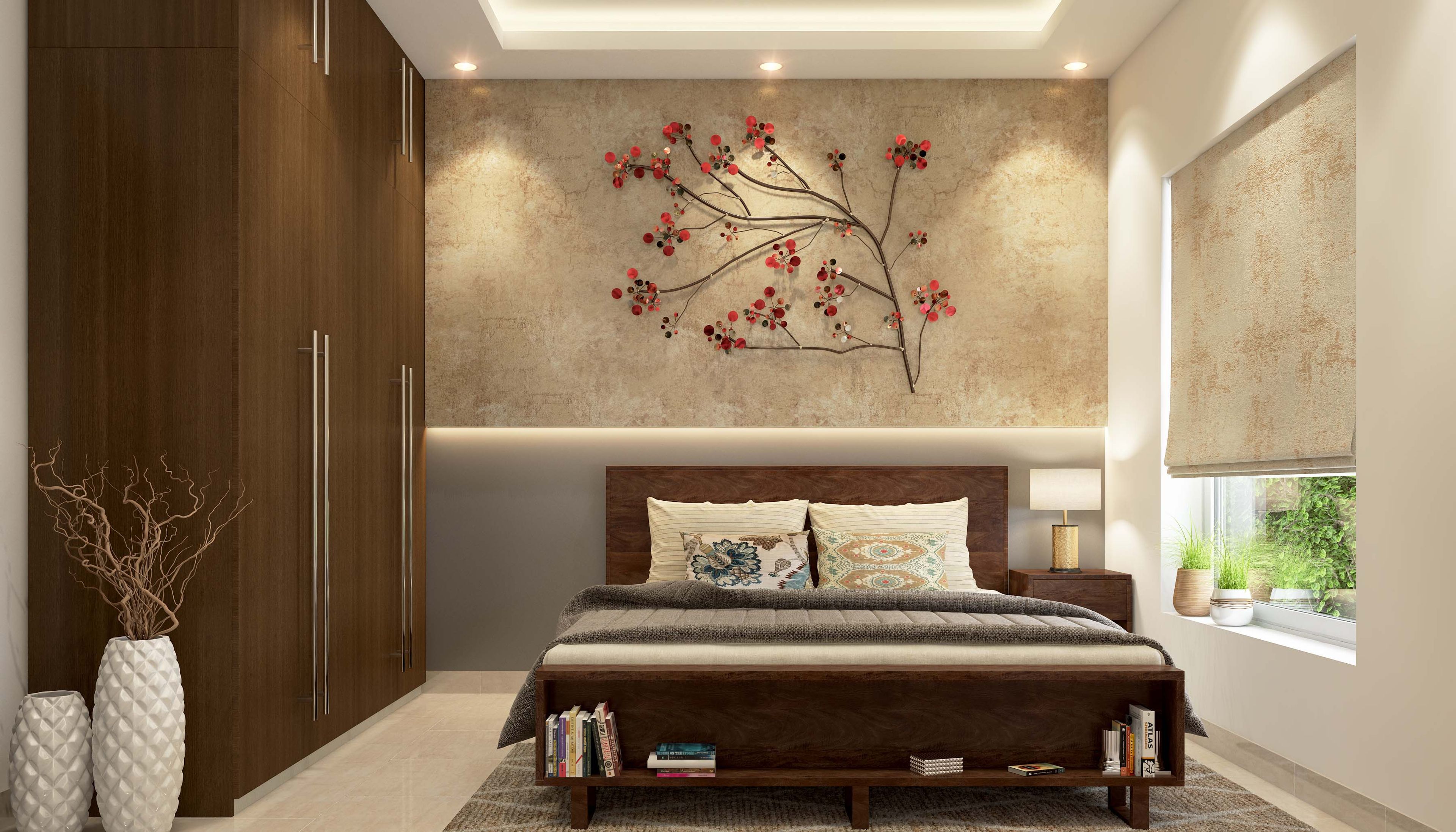 A contemporary guest bedroom featuring a queen-sized wooden bed, textured dual-toned wall, and ceiling and cove lights - Livspace