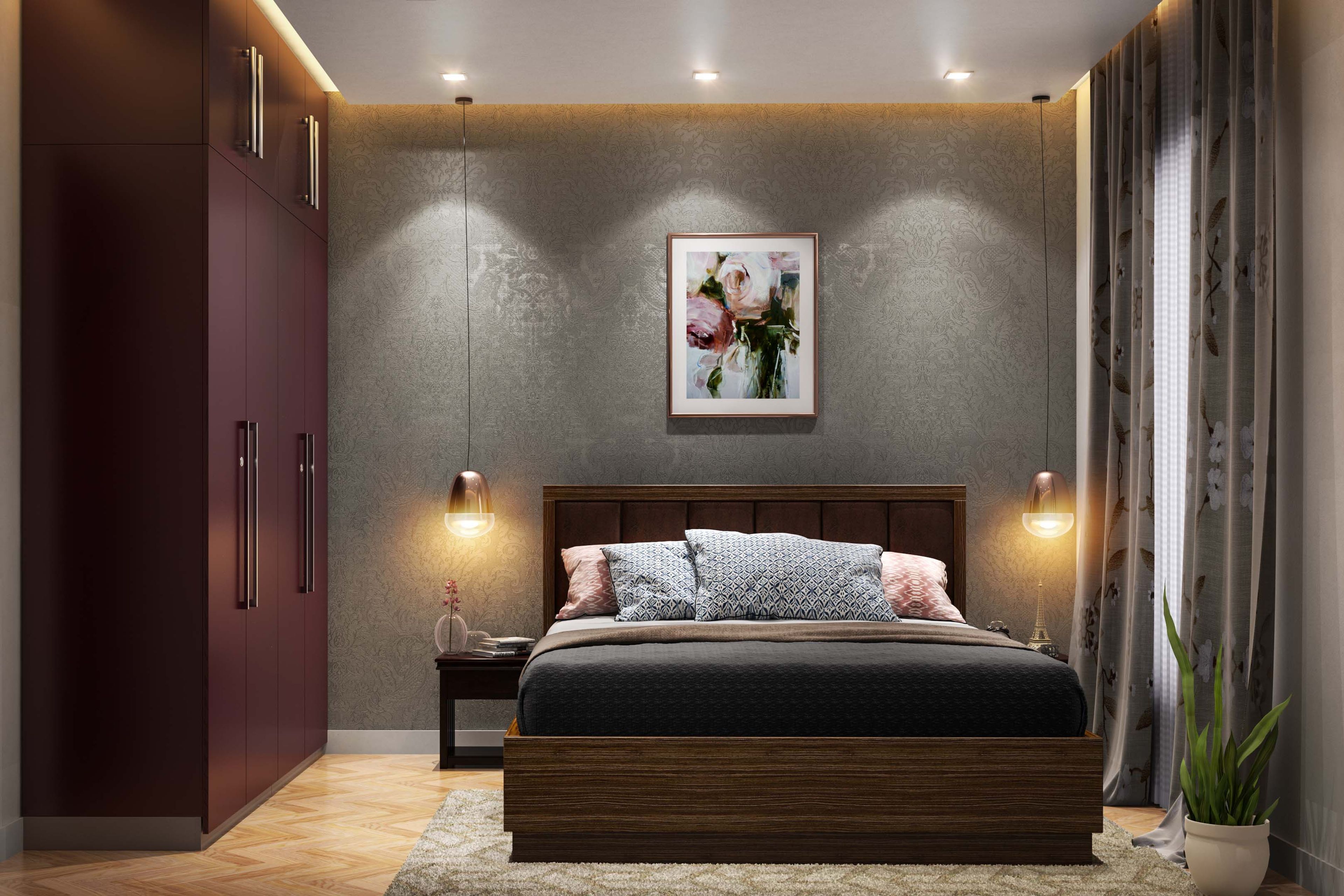 A refined modern guest room with a wooden queen-size bed, maroon swing wardrobe, and elegant grey damask wallpaper - Livspace