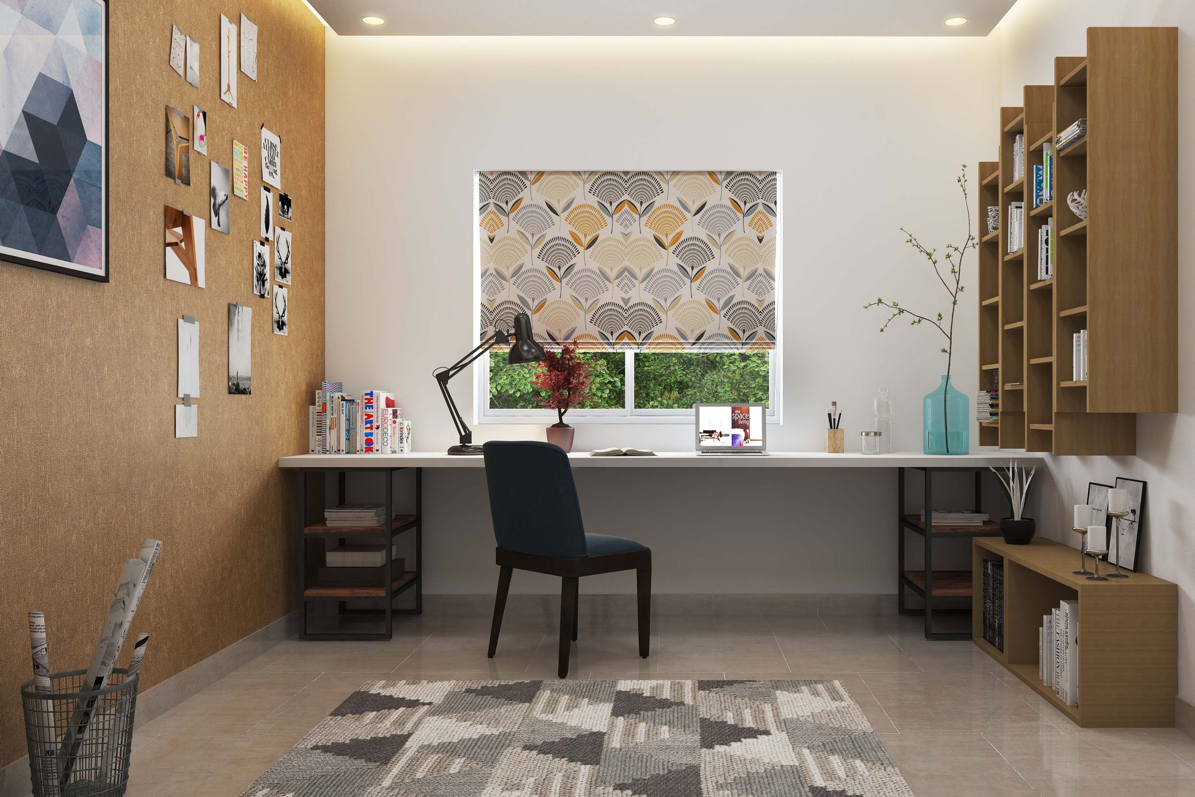 Modern Home Office Design with Spacious Floor-Mounted Study Table and Wall-Mounted Shelves - Livspace