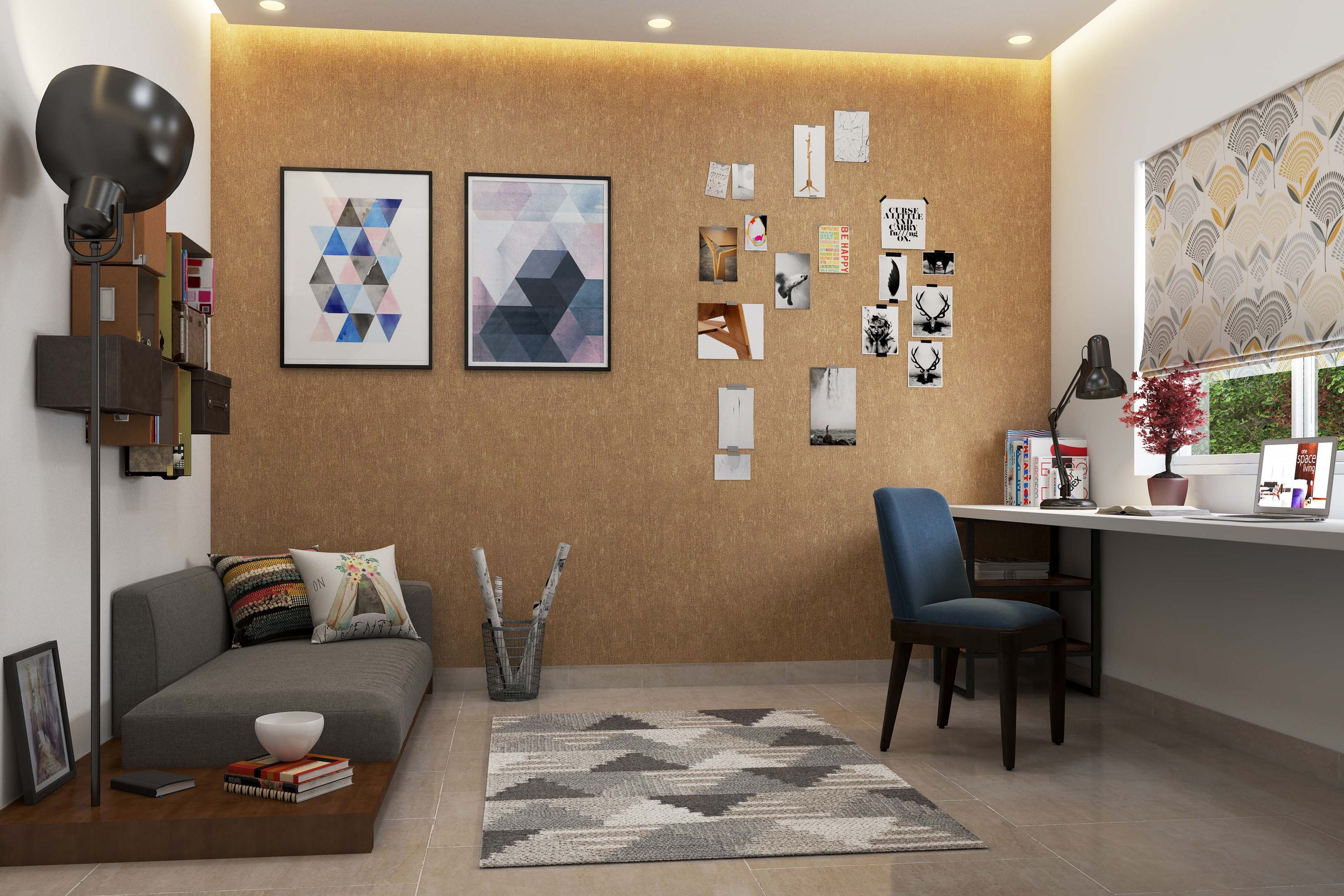 Modern Home Office Design with Spacious Floor-Mounted Study Table and Wall-Mounted Shelves - Livspace