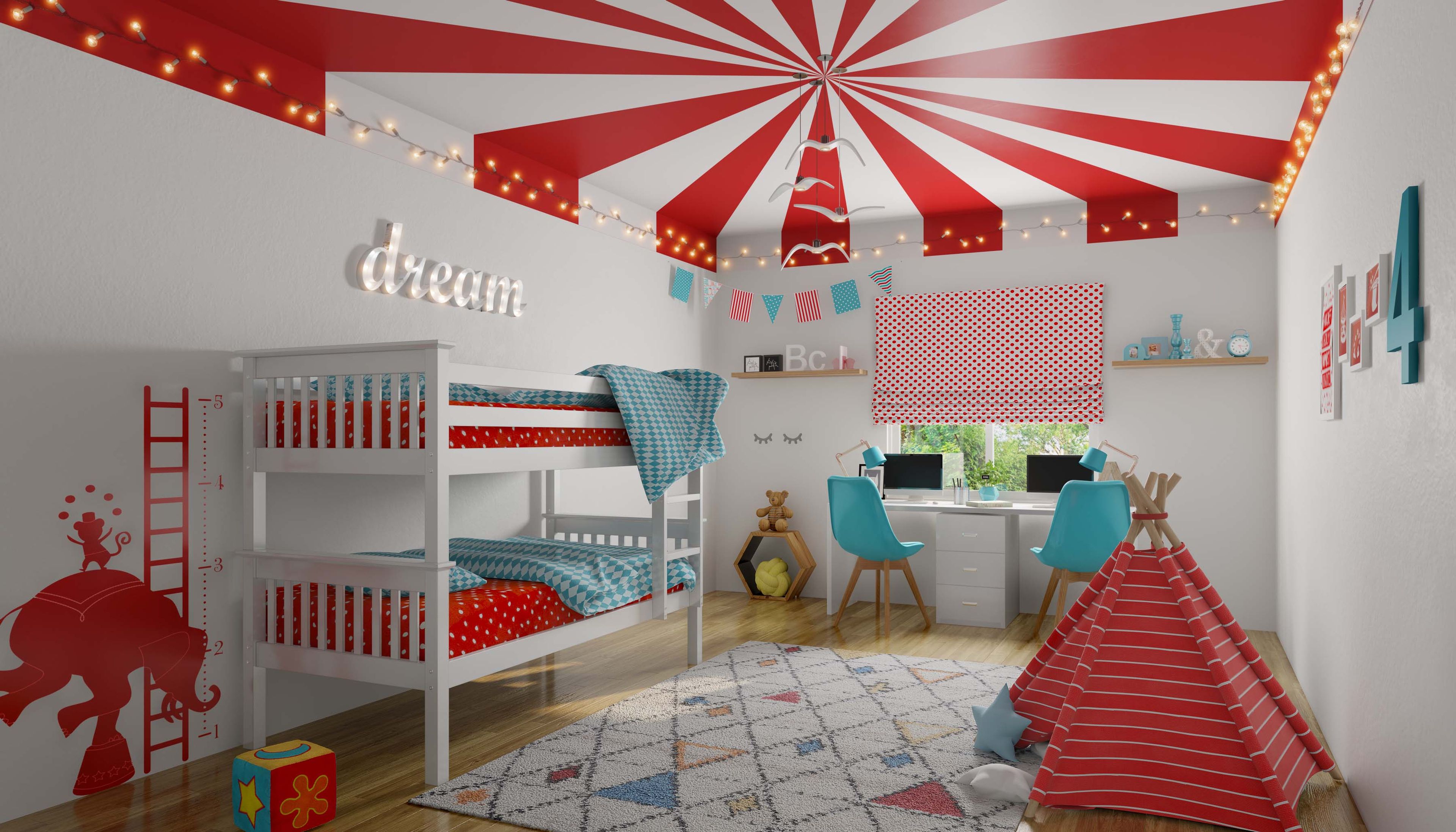 Contemporary Kids Bedroom Design With Bunk Bed and Fairy Lights