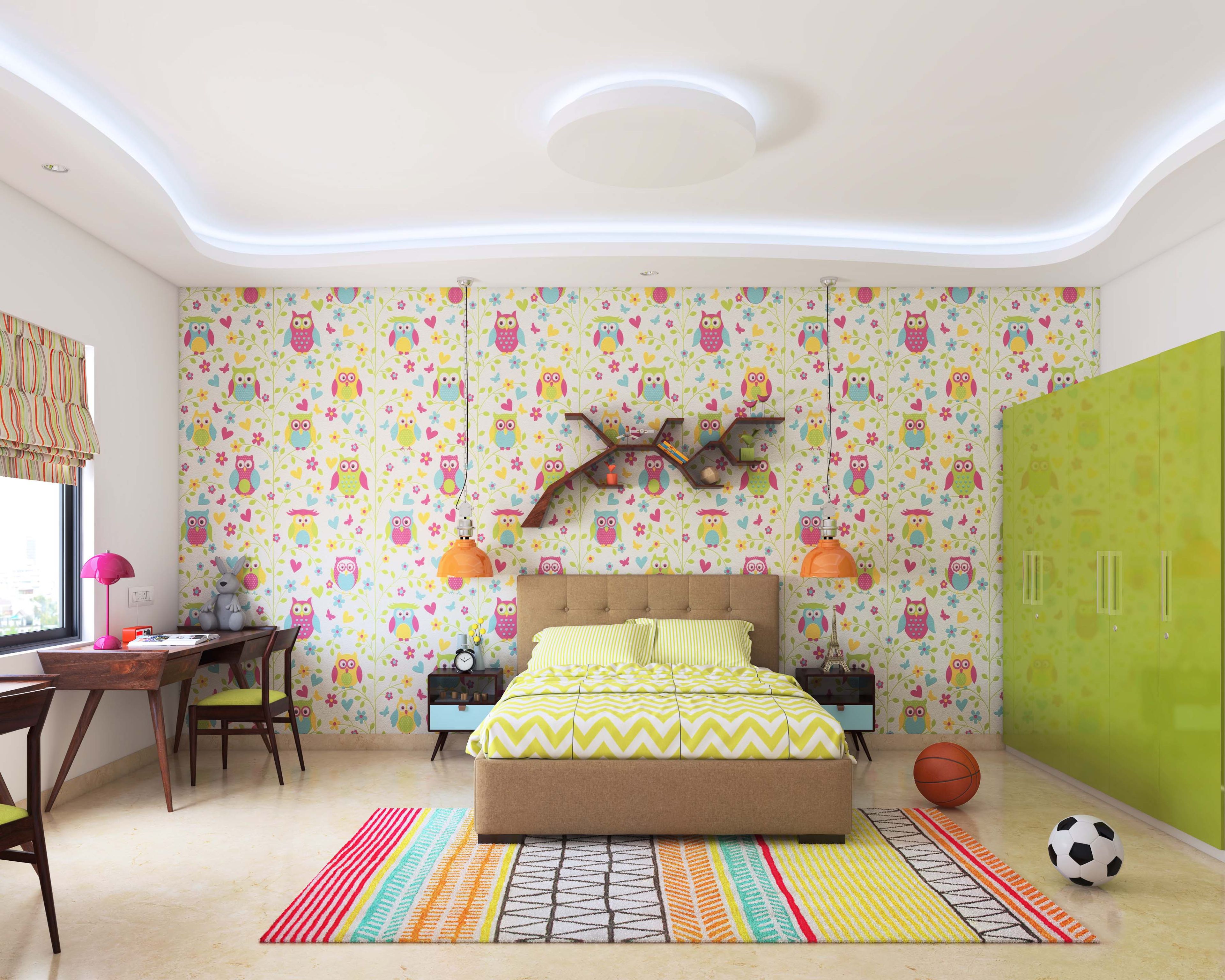 Owl Wallpaper Contemporary Kids Bedroom Design With Double Bed