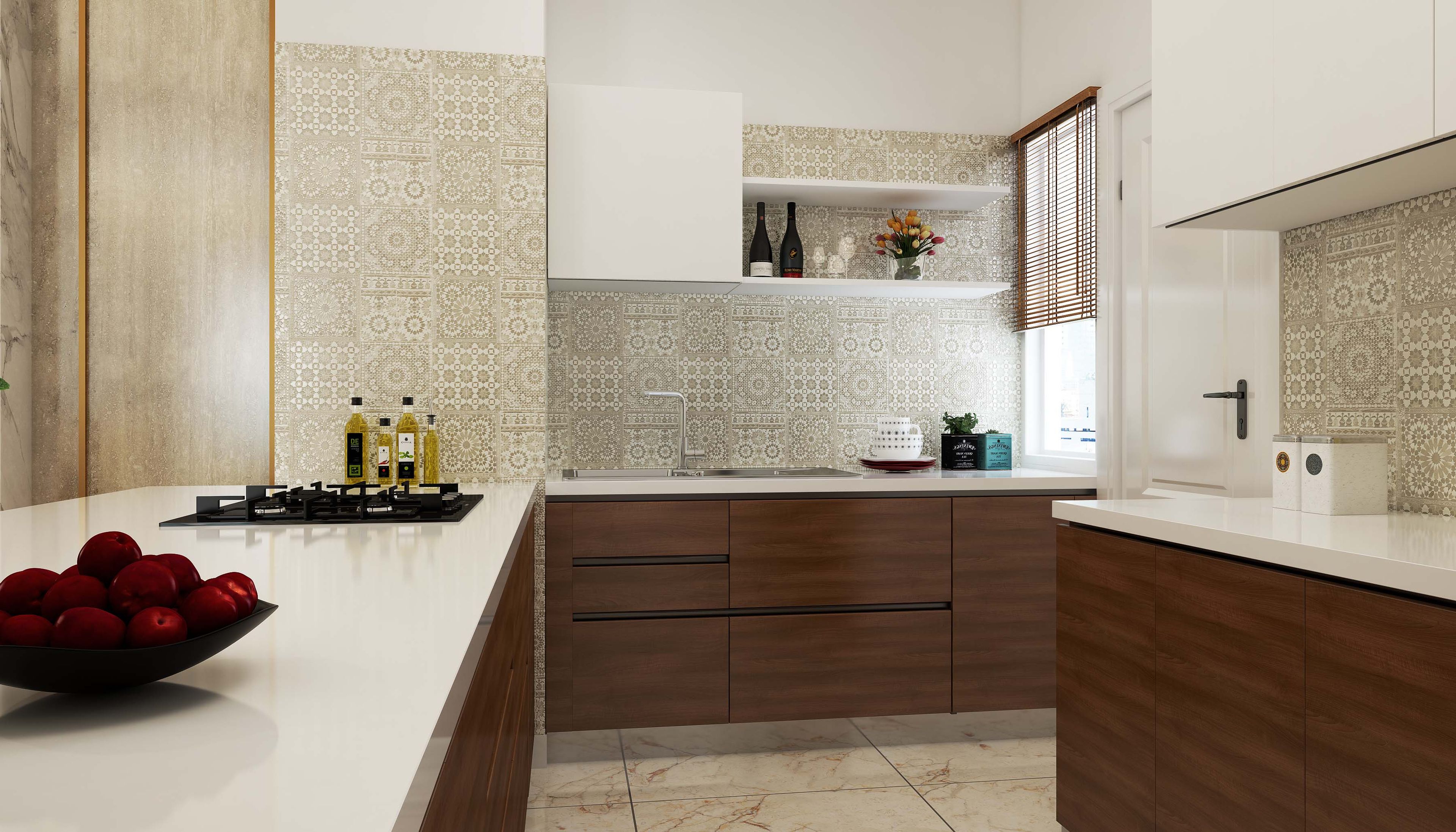 Modern India kitchen design with acacia exodus base units, frosty white wall units, and quartz countertops. Customizable storage options. - Livspace