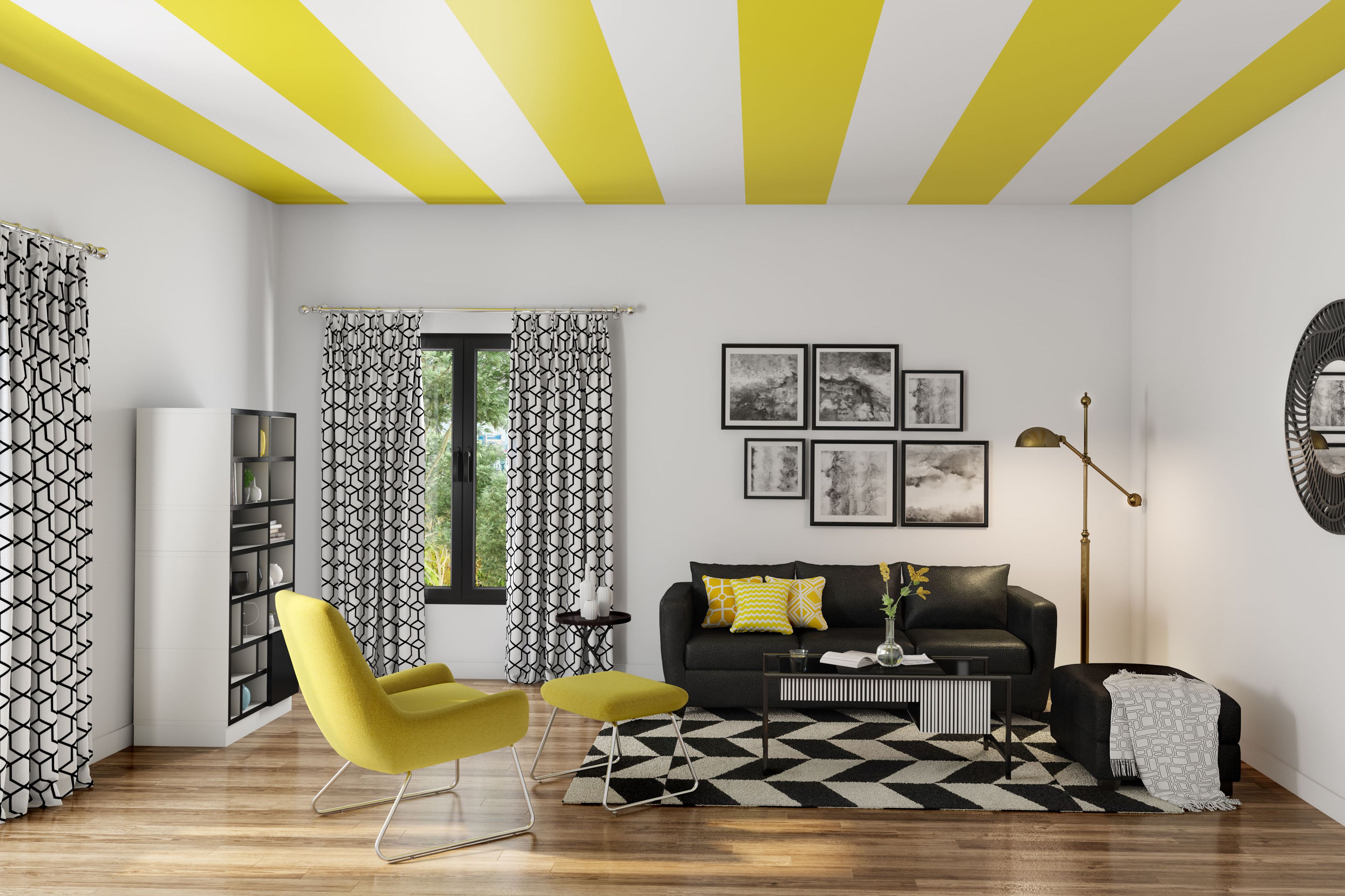 Modern living room design with black leather sofa & ottoman, yellow sofa, & coffee table - Livspace