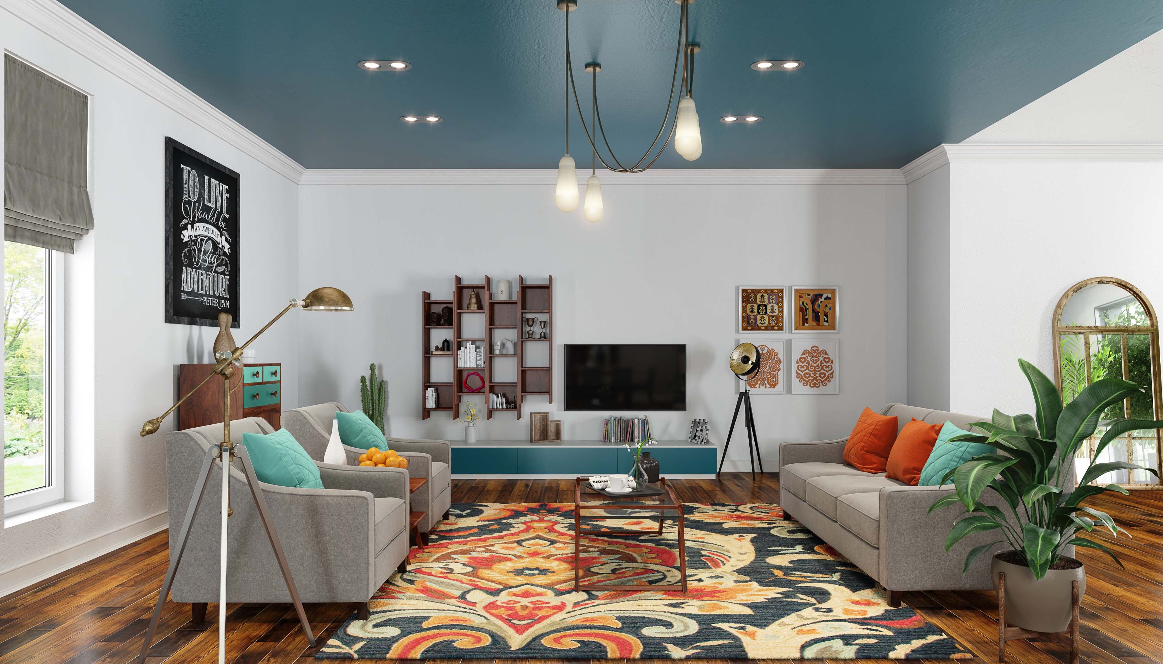 Modern living room design with grey sofas, coffee table, TV unit and chest of drawers - Livspace