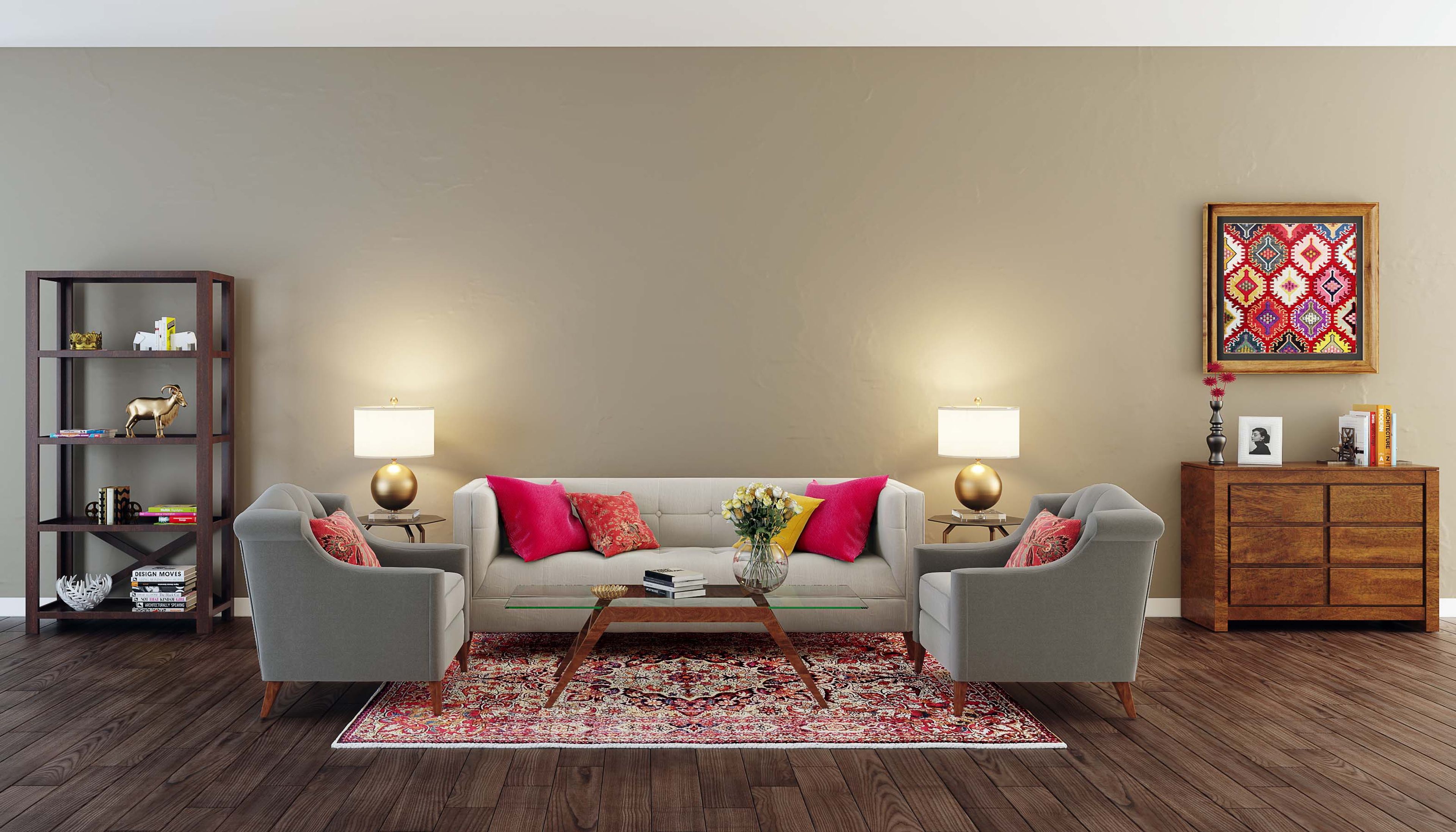 Contemporary living room design with grey sofas, coffee table, open tall unit & drawer - Livspace