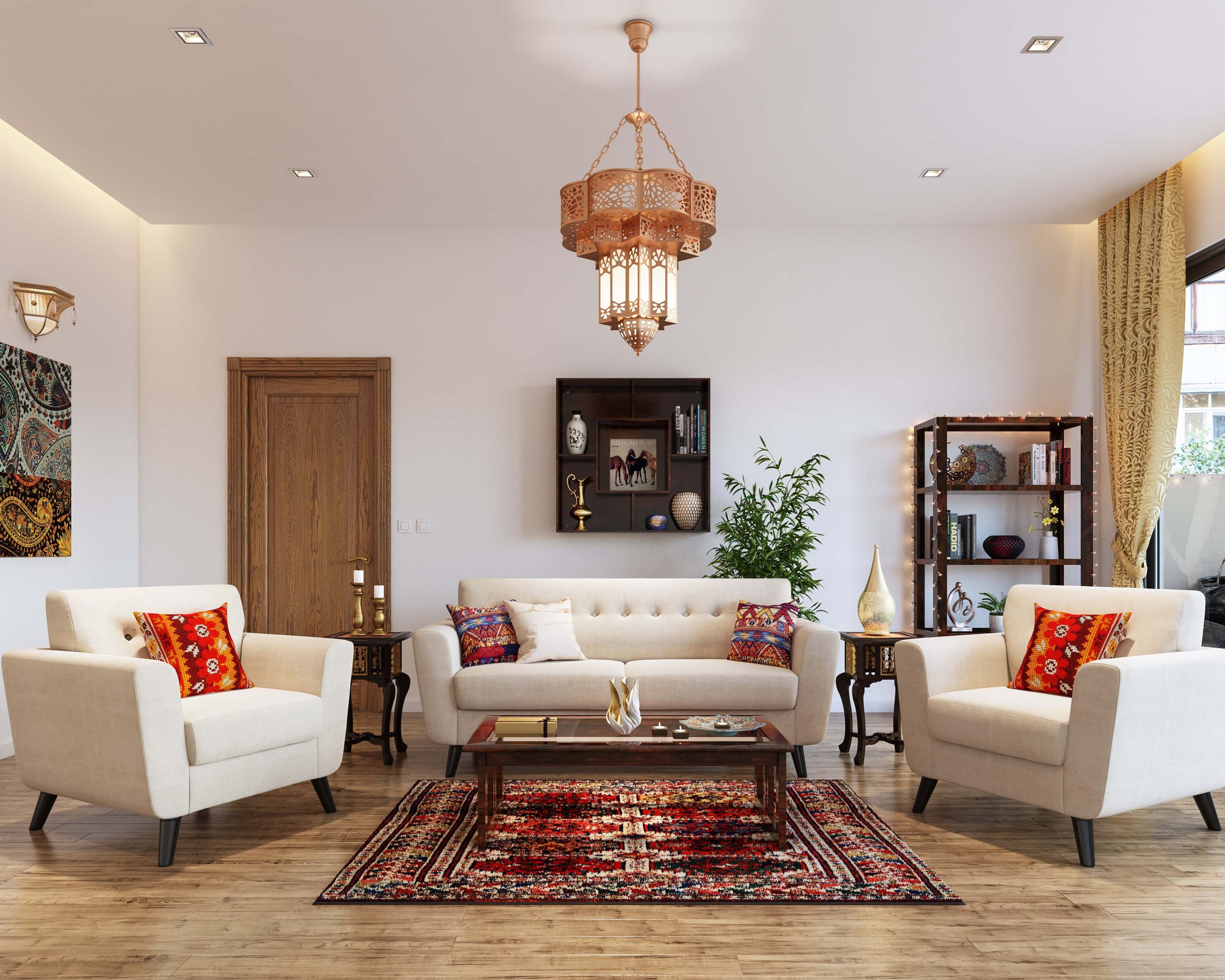 Modern living room design with cream sofas, coffee table, open tall unit & wall shelf - Livspace