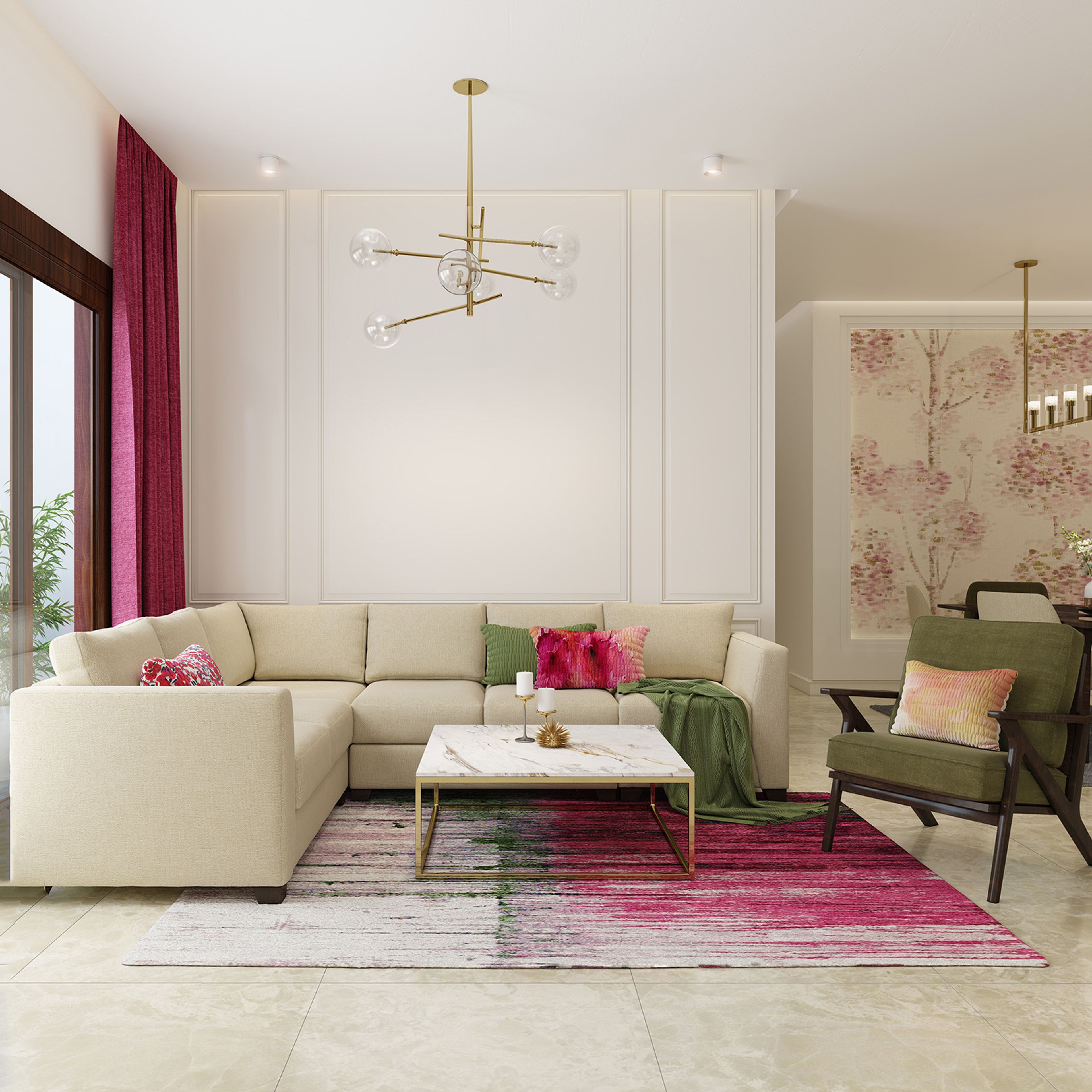 Modern living room design with cream L-shaped sofa, green sofa, & coffee table - Livspace