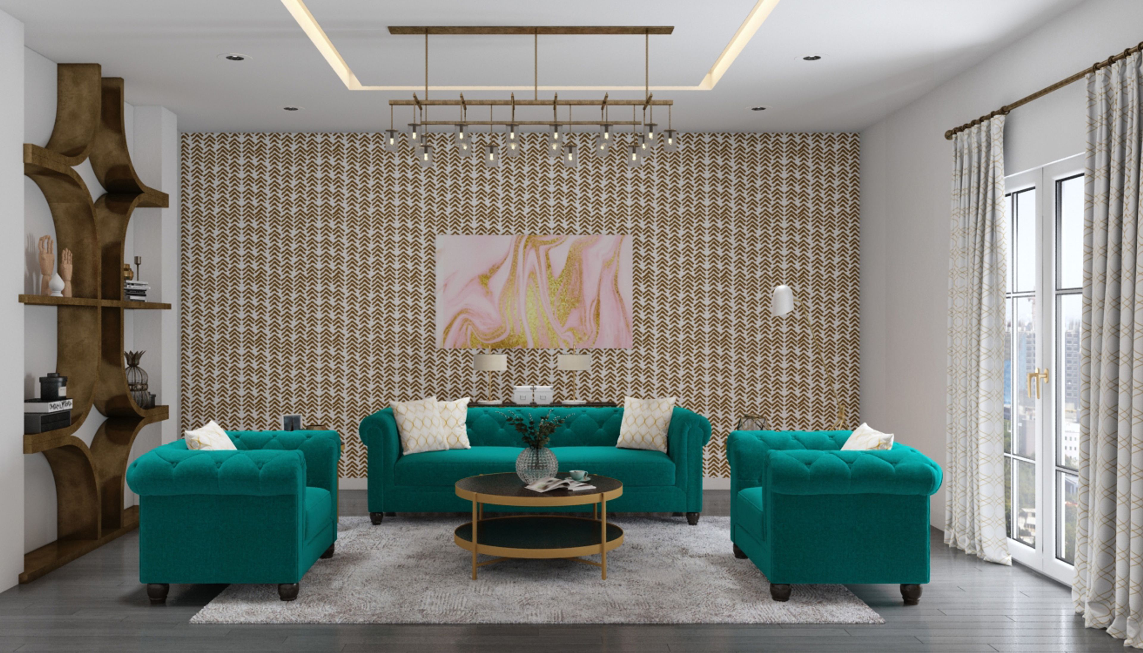 Rustic living room design with turquoise blue sofa & a coffee table - Livspace