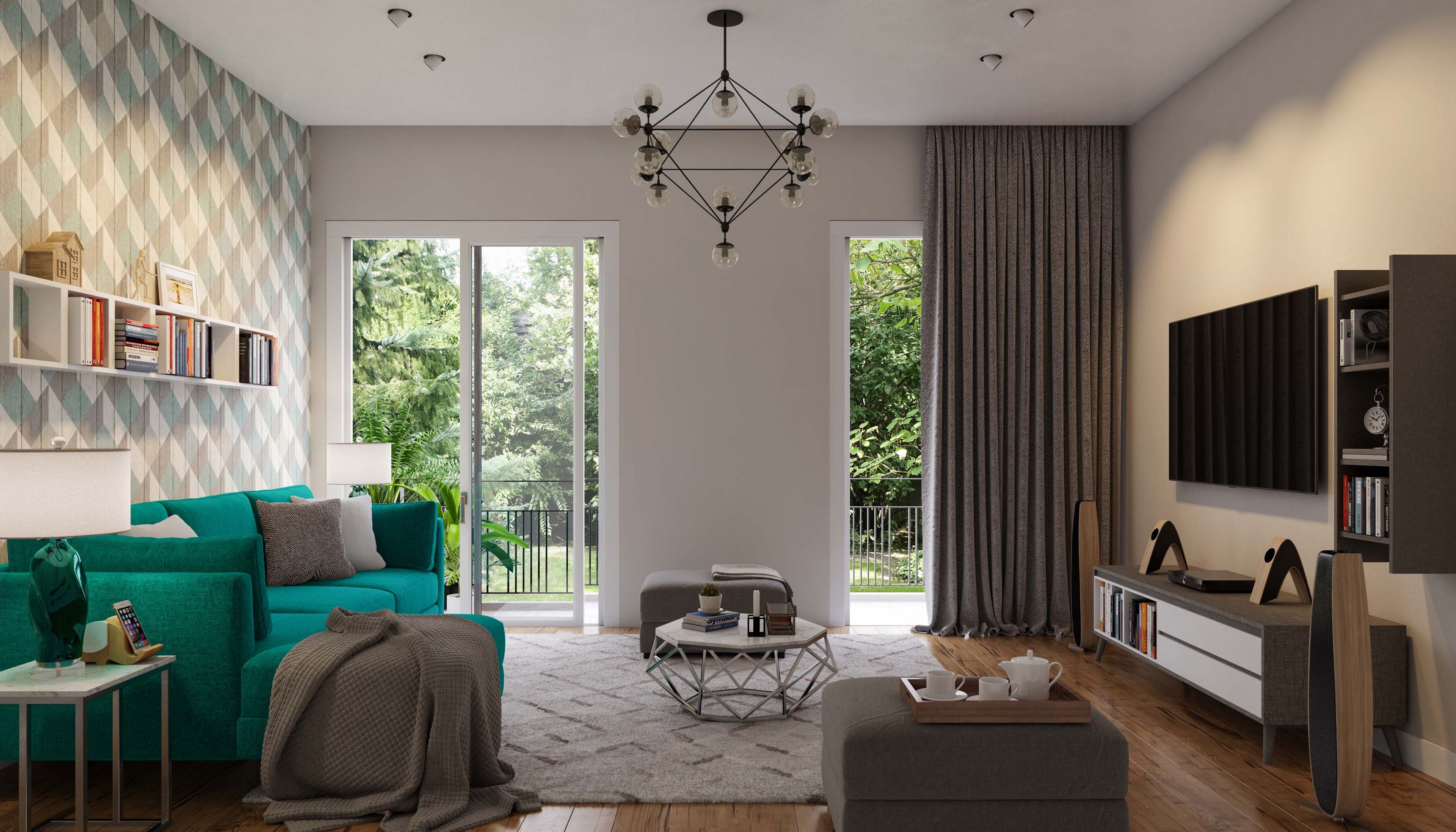 Modern living room design with L-shaped turquoise sofa, grey ottoman, &TV unit - Livspace