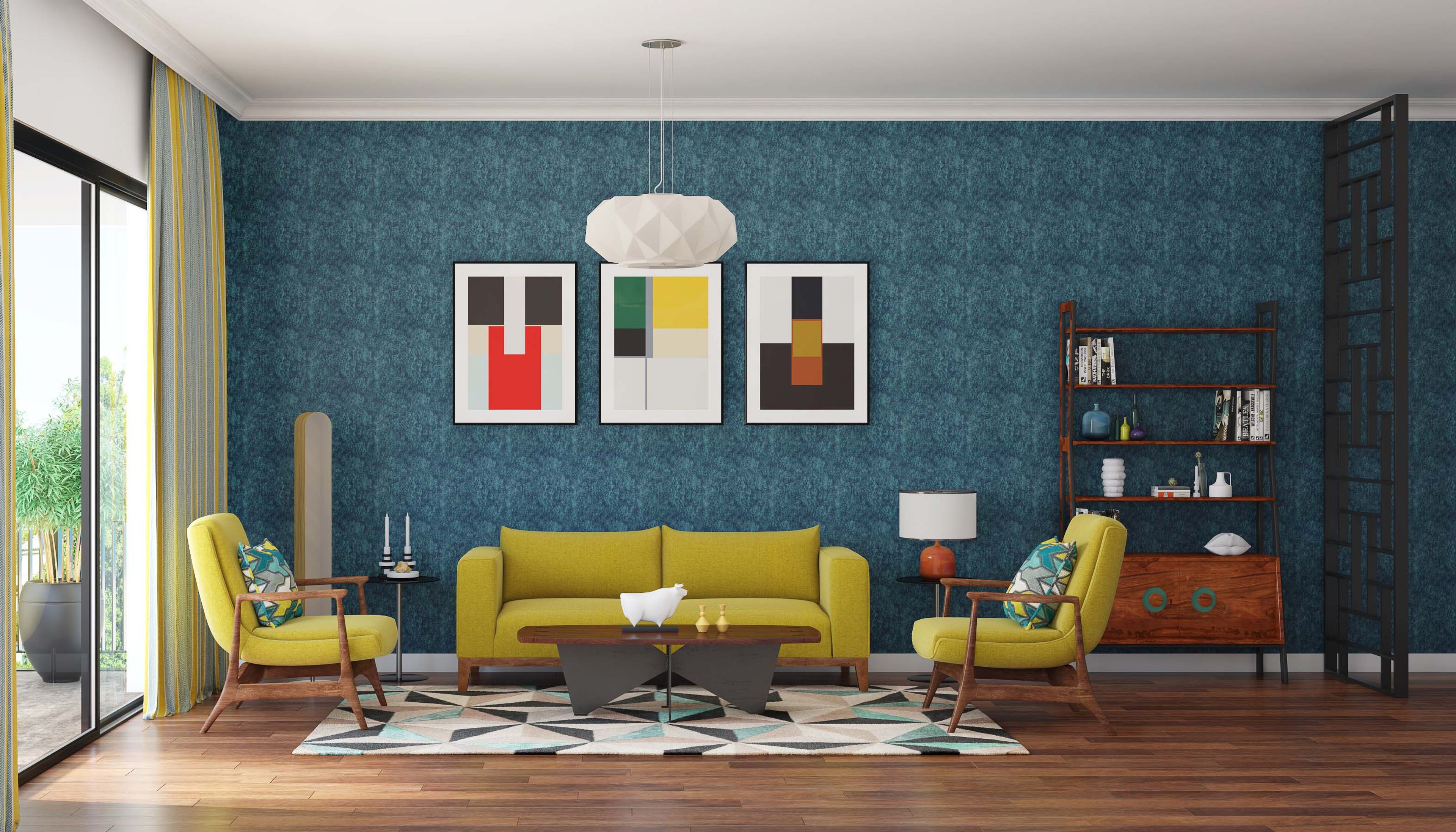 Modern living room design with yellow sofa, coffee table, side table and tall unit - Livspace