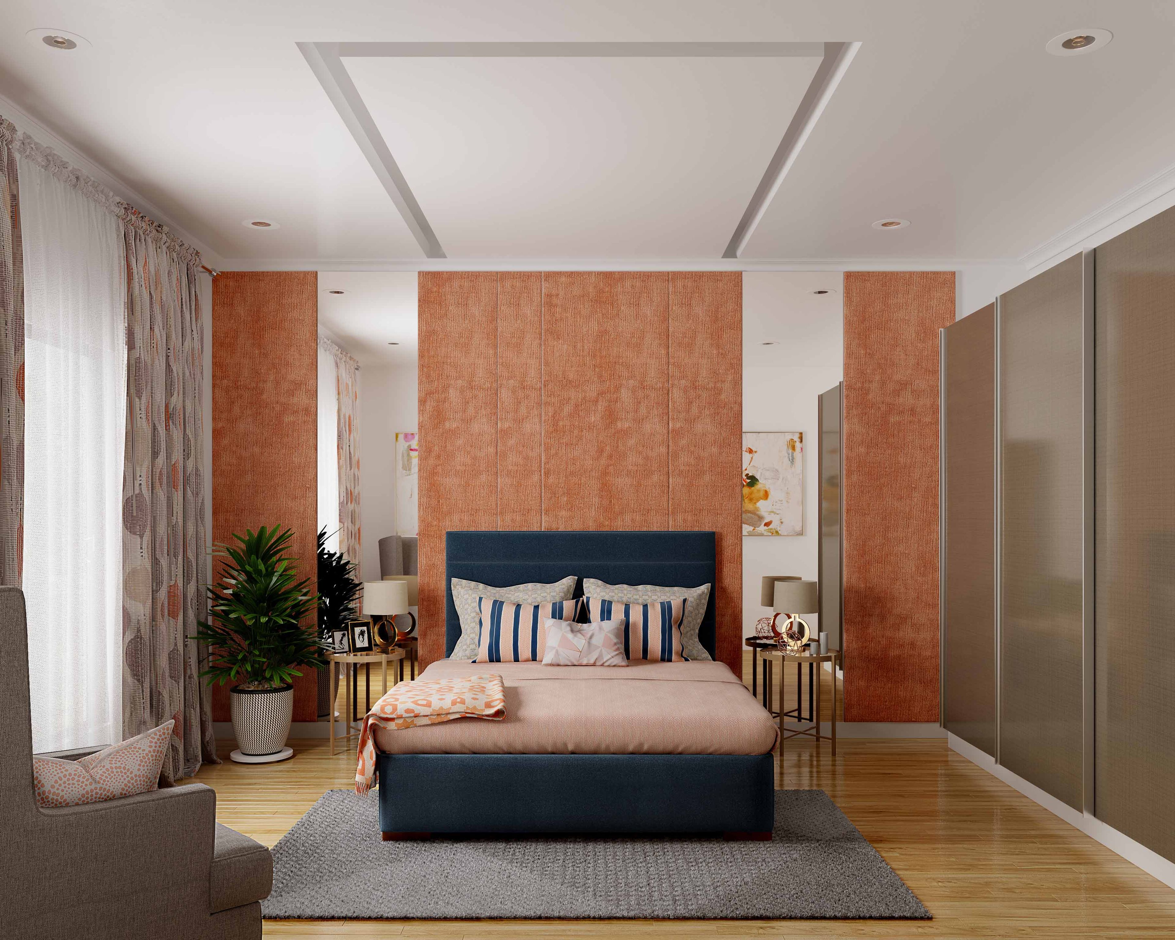 Compact Modern Master Bedroom Design With King Bed and Orange Wall