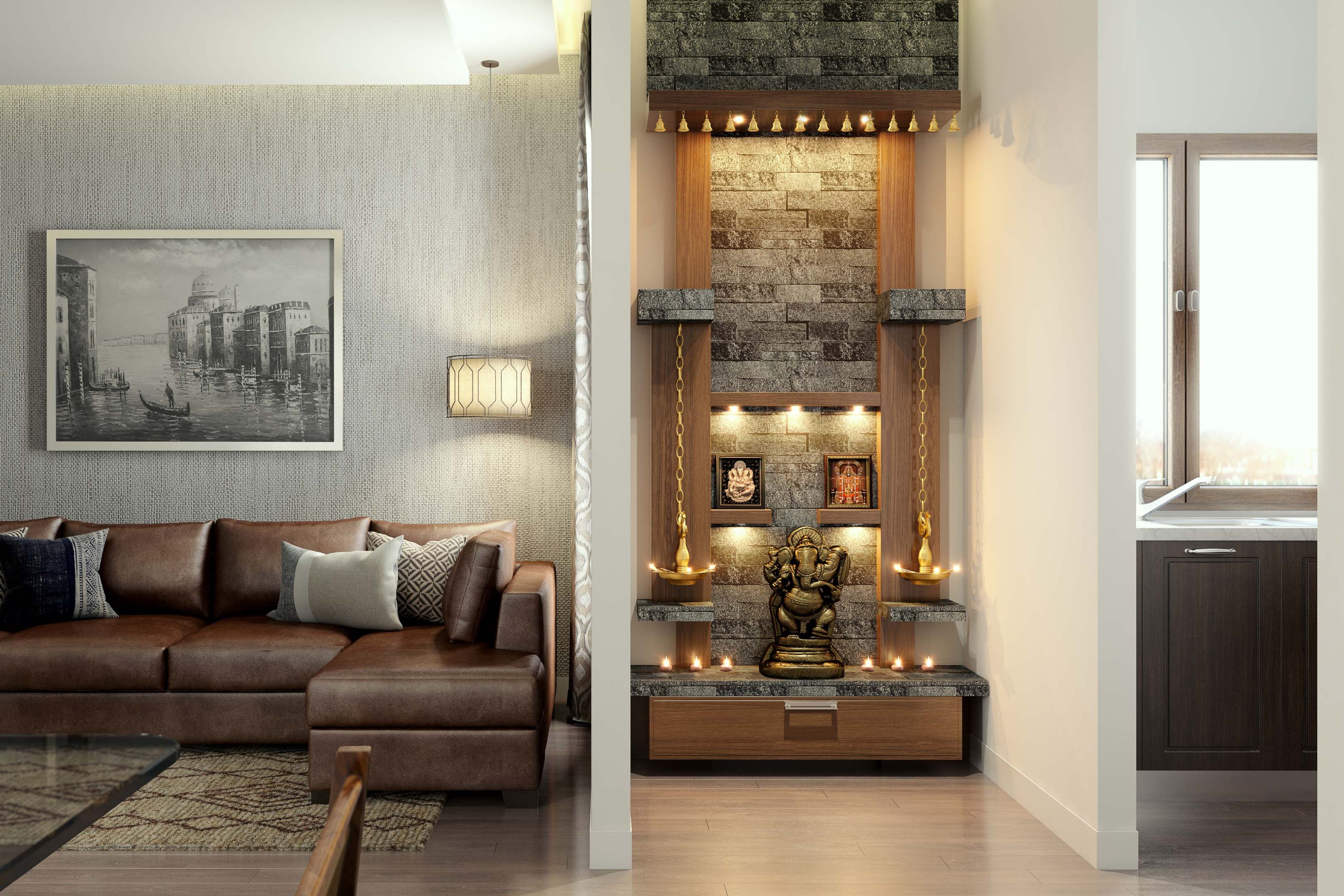 Indian Traditional Sandy Fossil Recon Floor-Mounted Pooja Unit - Livspace