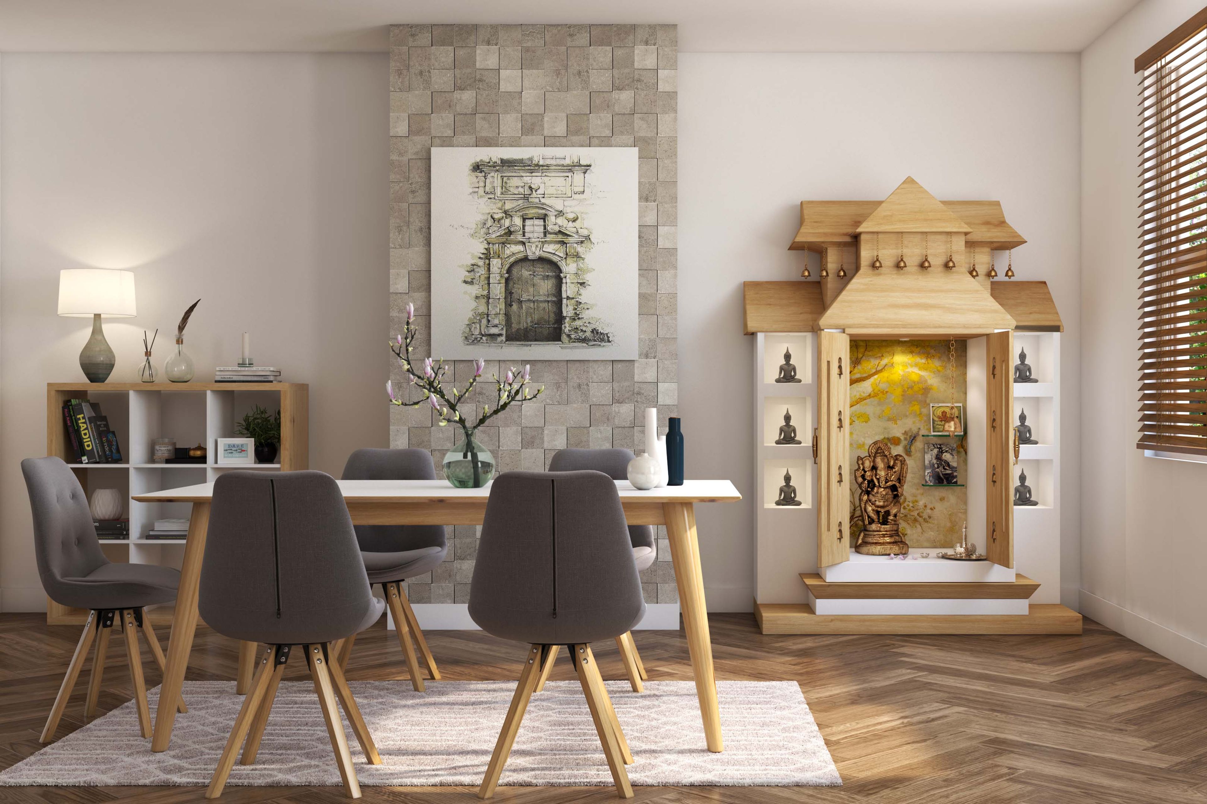 Modern Frosty White and Tahiti Samoa Teak Floor-Mounted Pooja Unit - Livspace