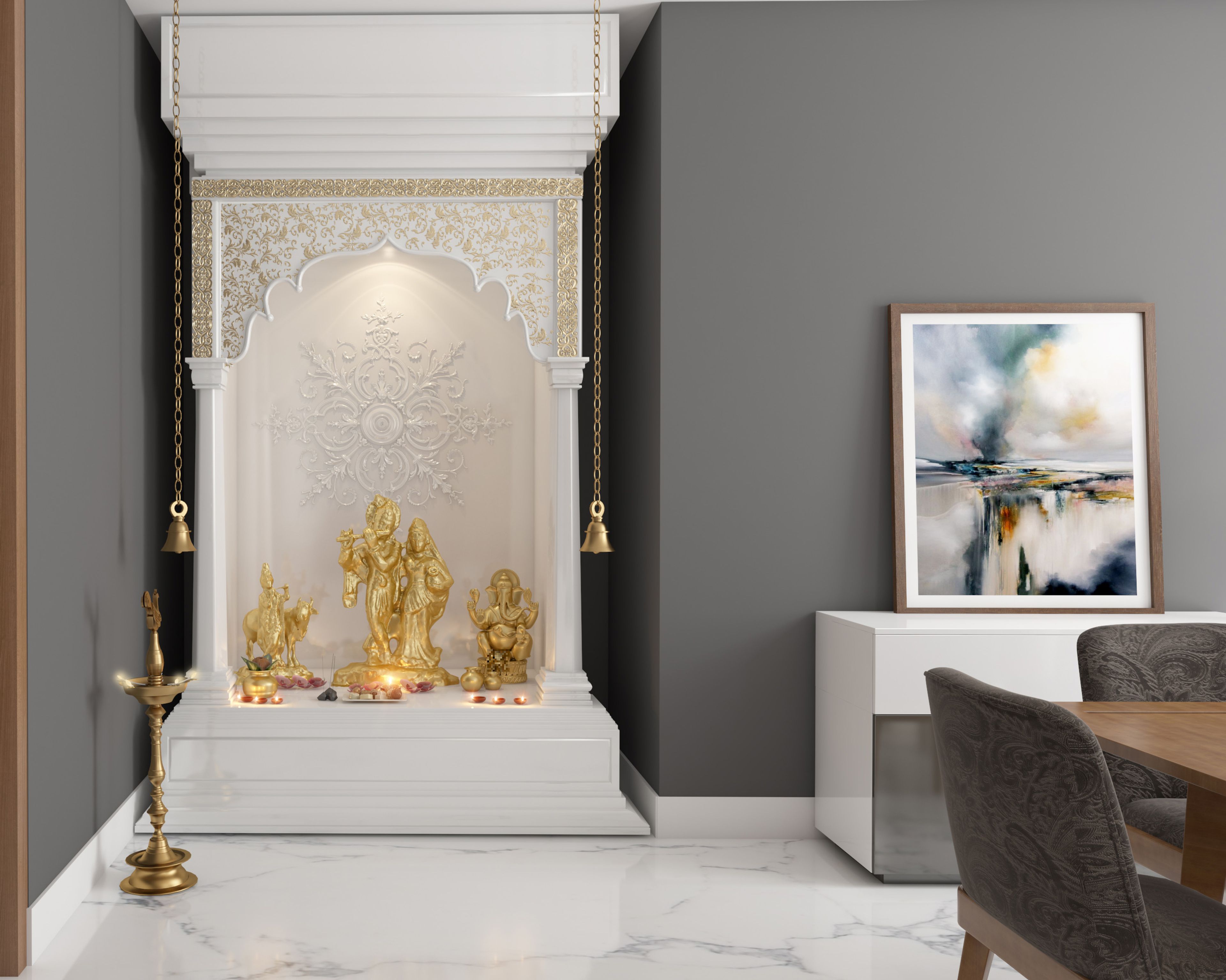 Modern Frosty White And Gold Mandir Design With Floor-Mounted Drawer Storage