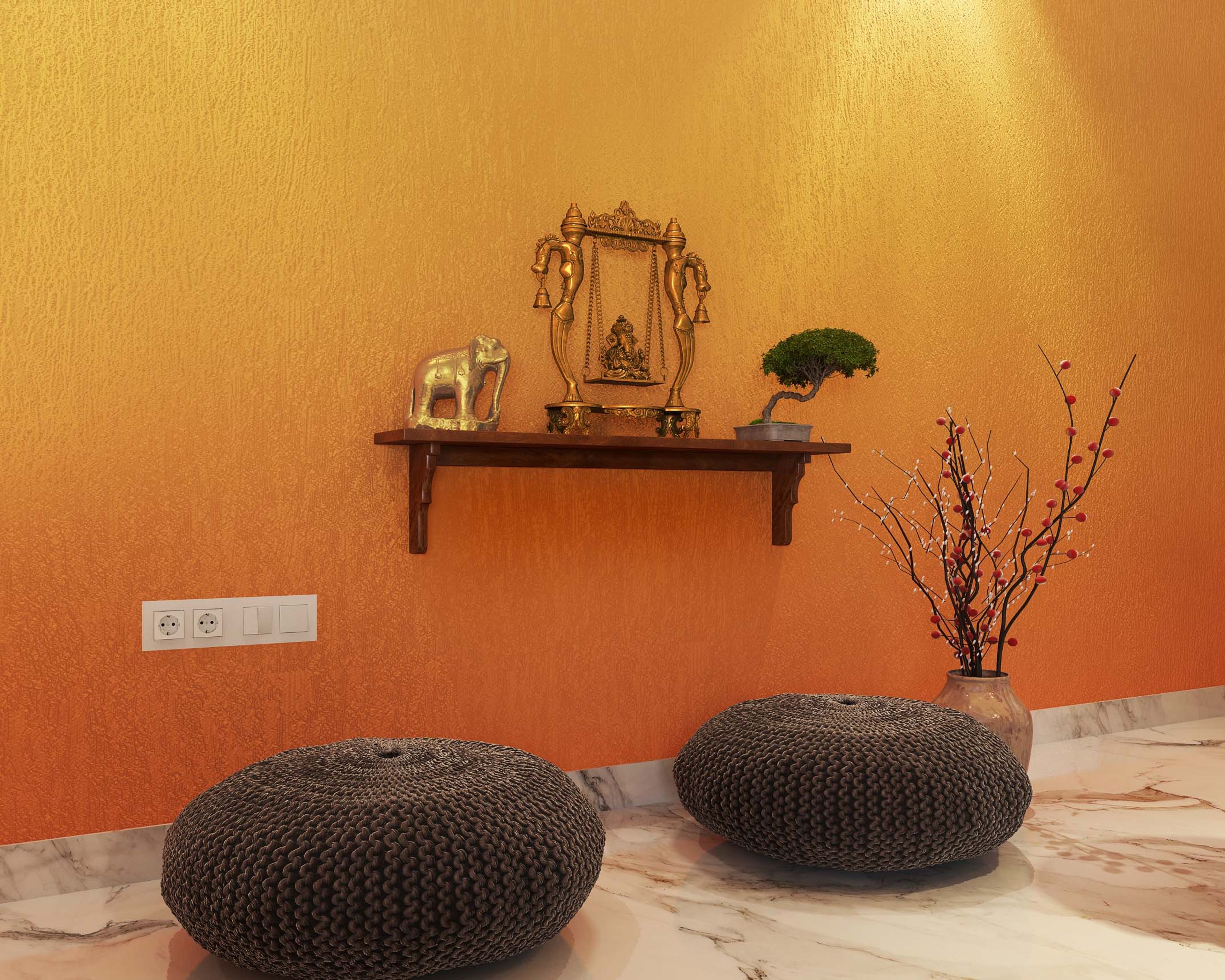 Indian Traditional Mandir Design With Wooden Wall Ledge