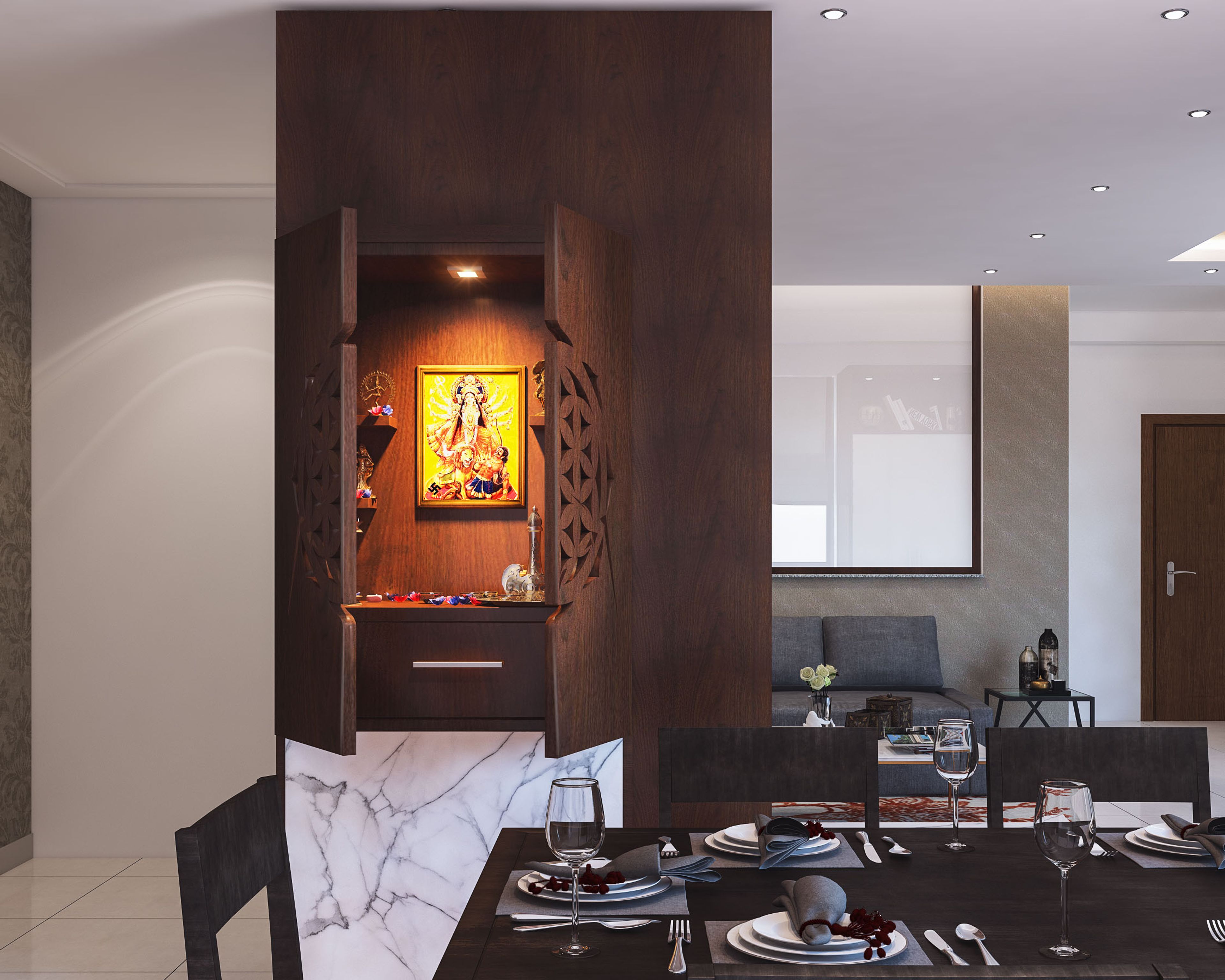 Modern Wall-Mounted Wooden Mandir Design With Drawer Storage