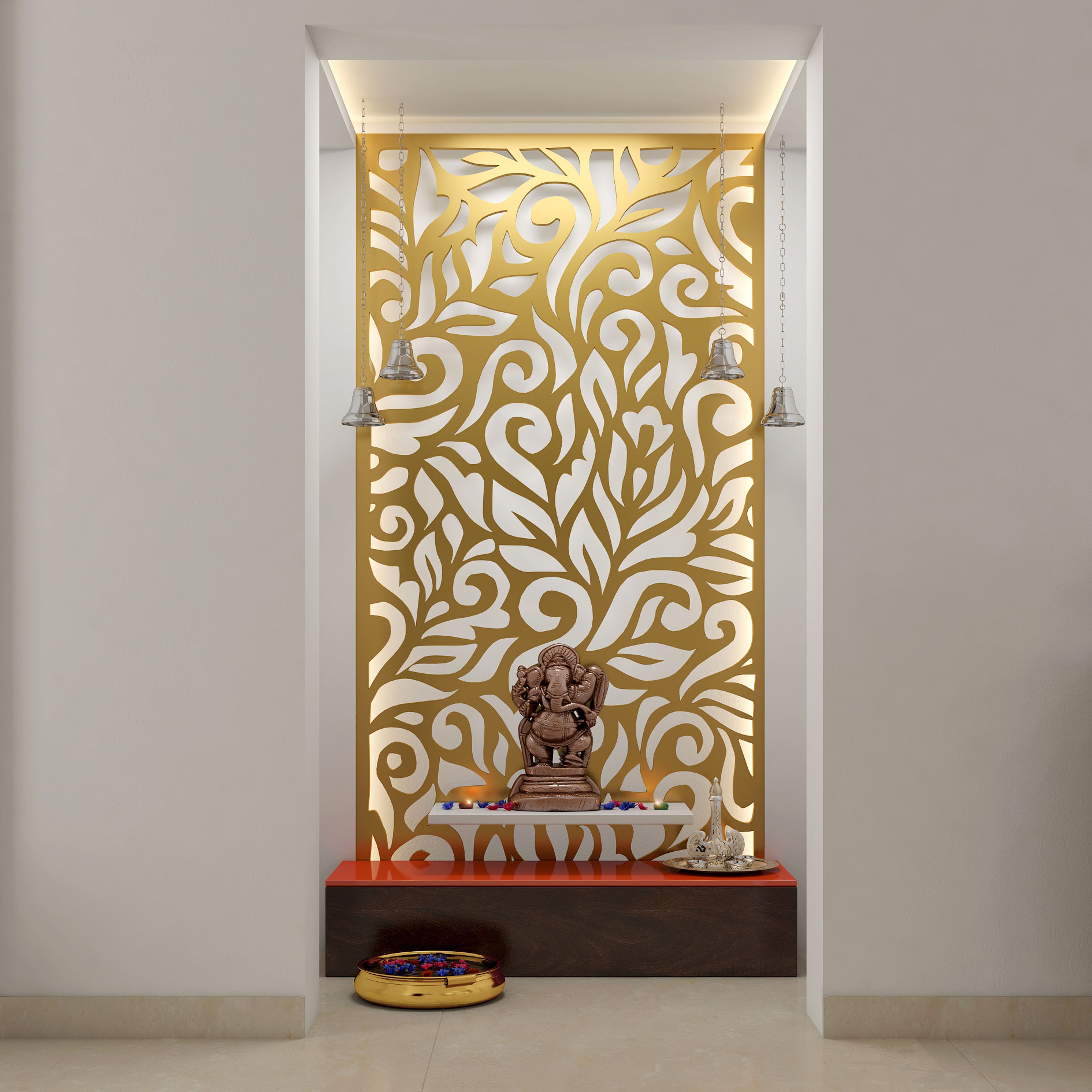 Floor-Mounted Pooja Unit in Tawny Balsam With Contemporary Aesthetics - Livspace