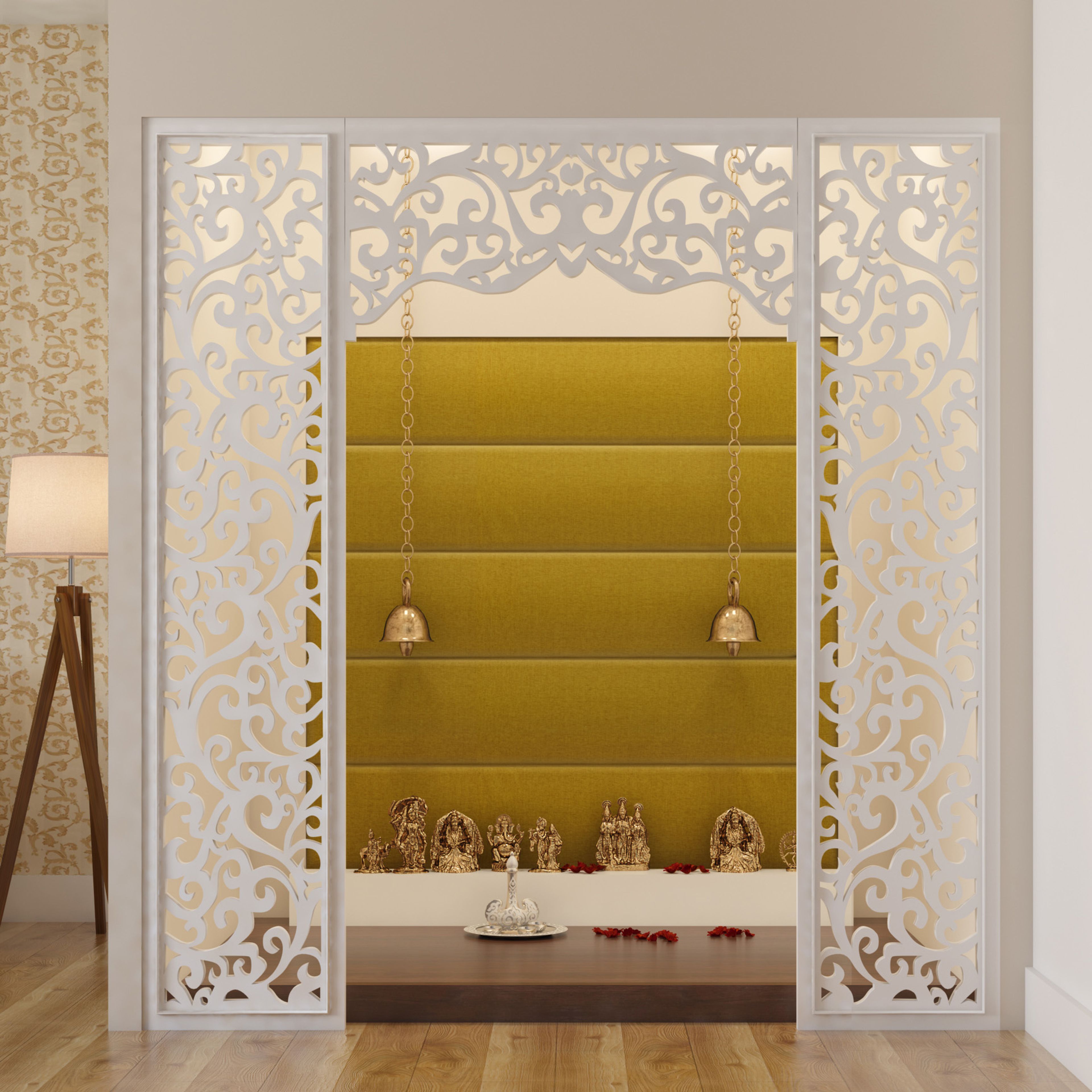 Contemporary White and Lime Green Floor-Mounted Pooja Unit with Tufted Backdrop - Livspace