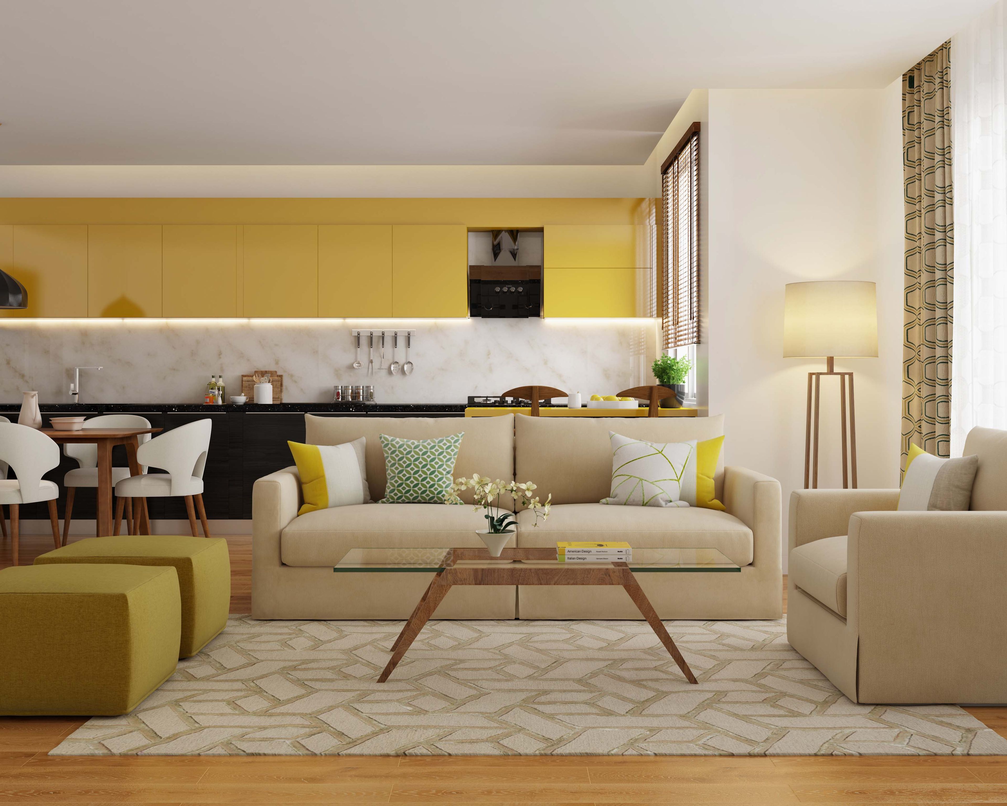 A spacious beige and yellow living room seamlessly integrated with a white and wood dining table and yellow-black modular straight kitchen, offering luxury and functionality in every corner - Livspace