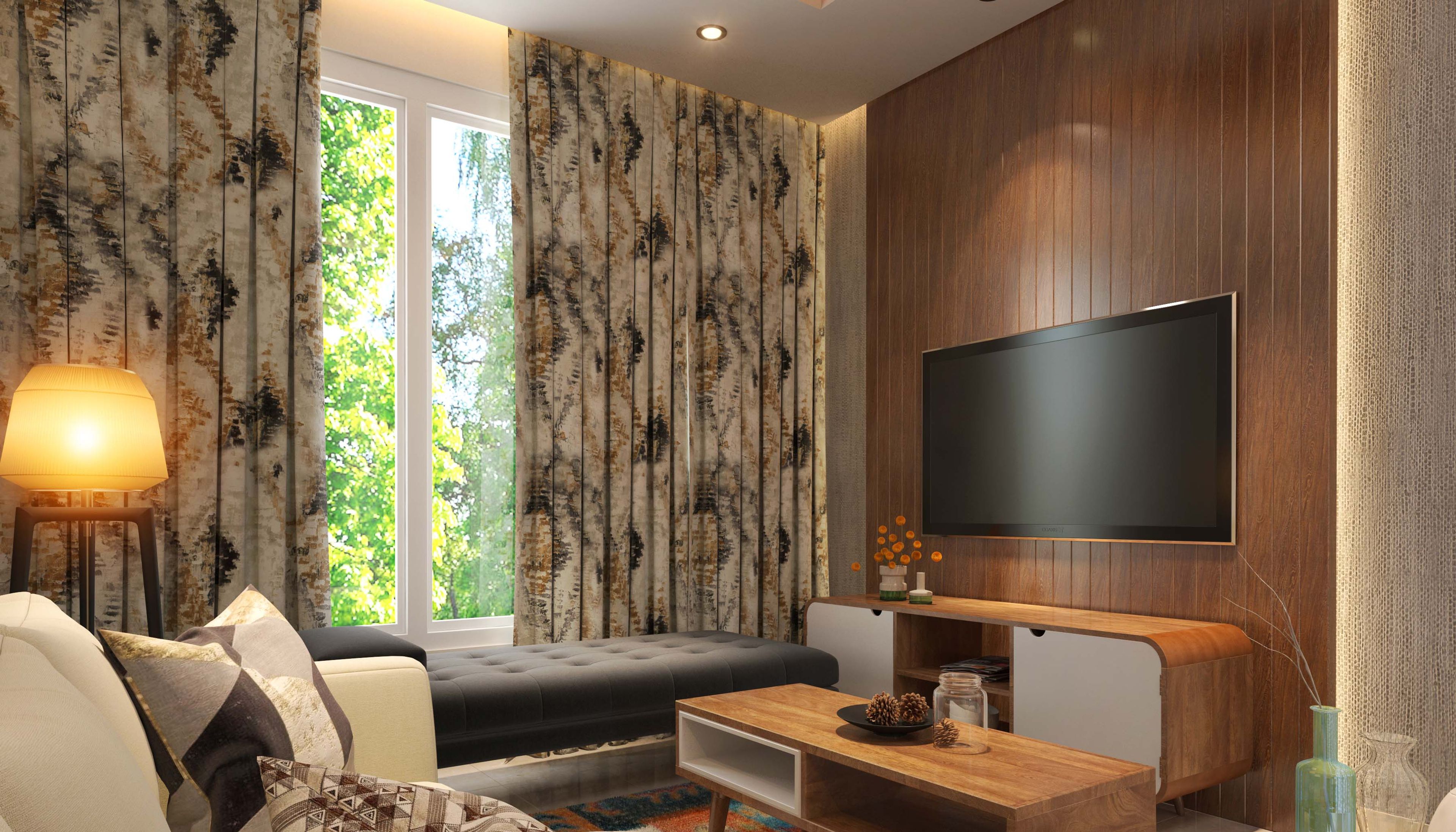 Modern TV unit with frosty white and Magas walnut bronze finish, featuring ample storage and a wooden back panel. Customizable options available. - Livspace