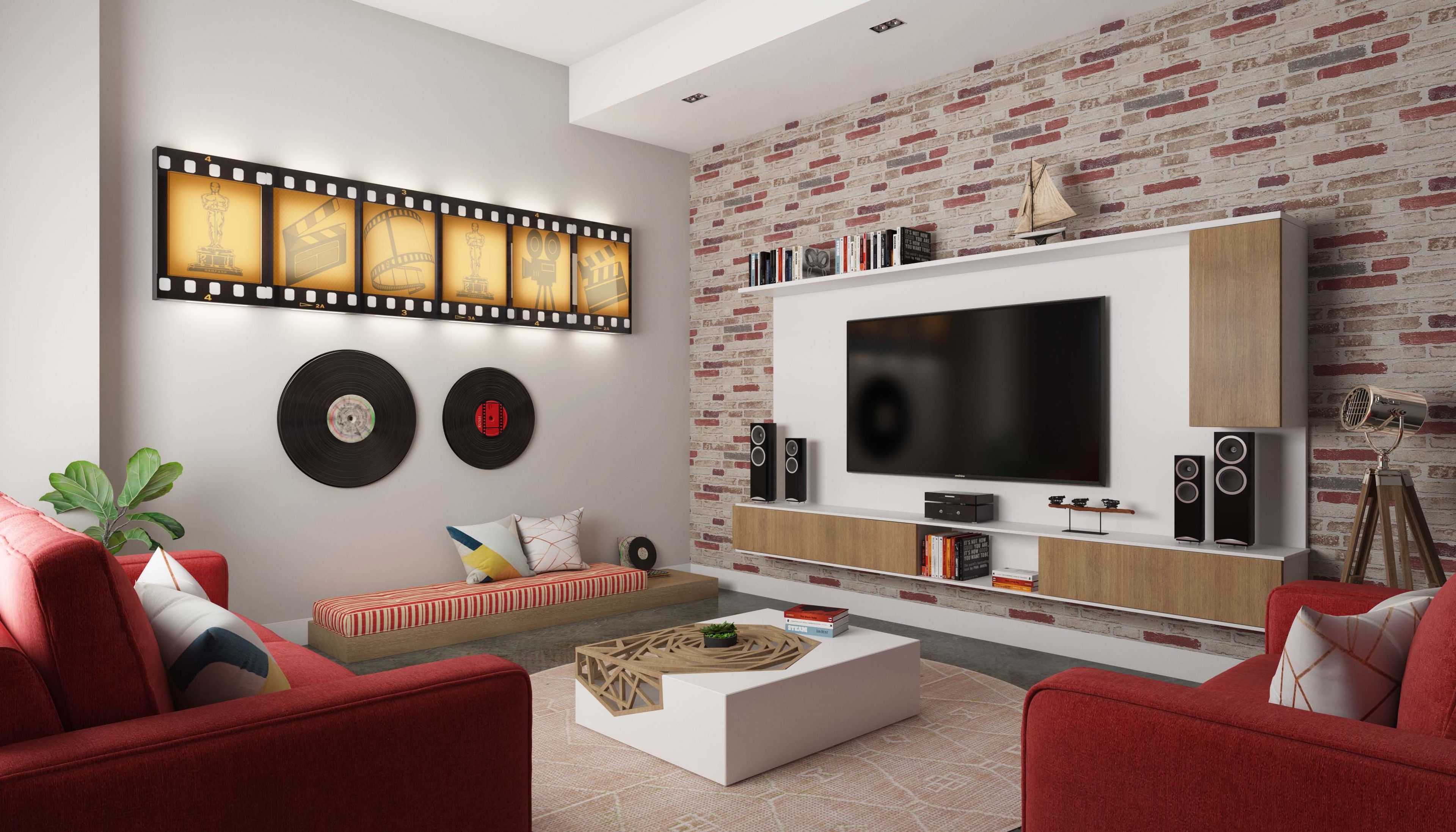 Contemporary TV Unit with Multi-Coloured Brick Wallpaper and Walnut Bronze Accents - Livspace