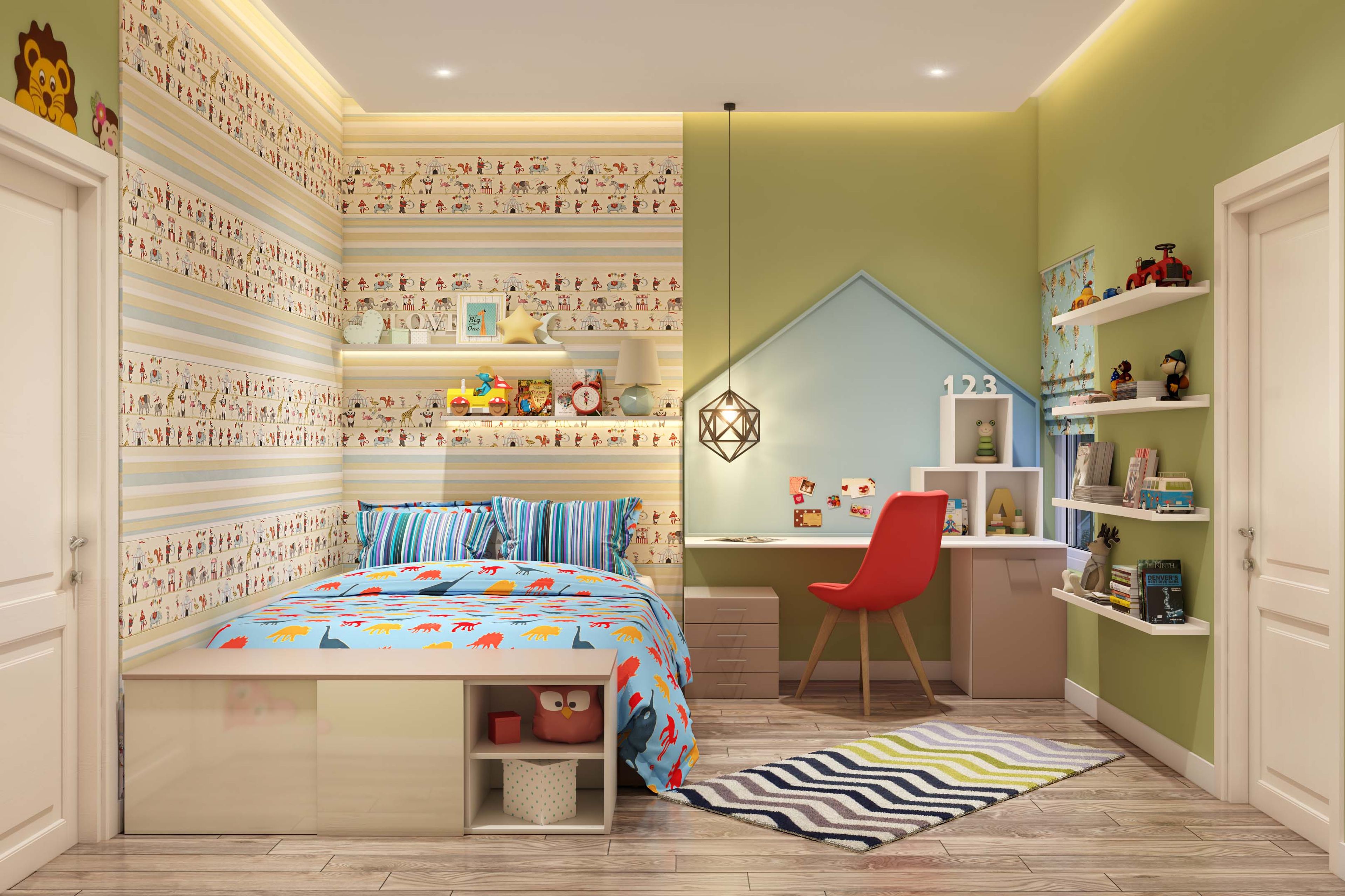 Modern Blue Triangular Bedroom Wall Design For Kids Rooms