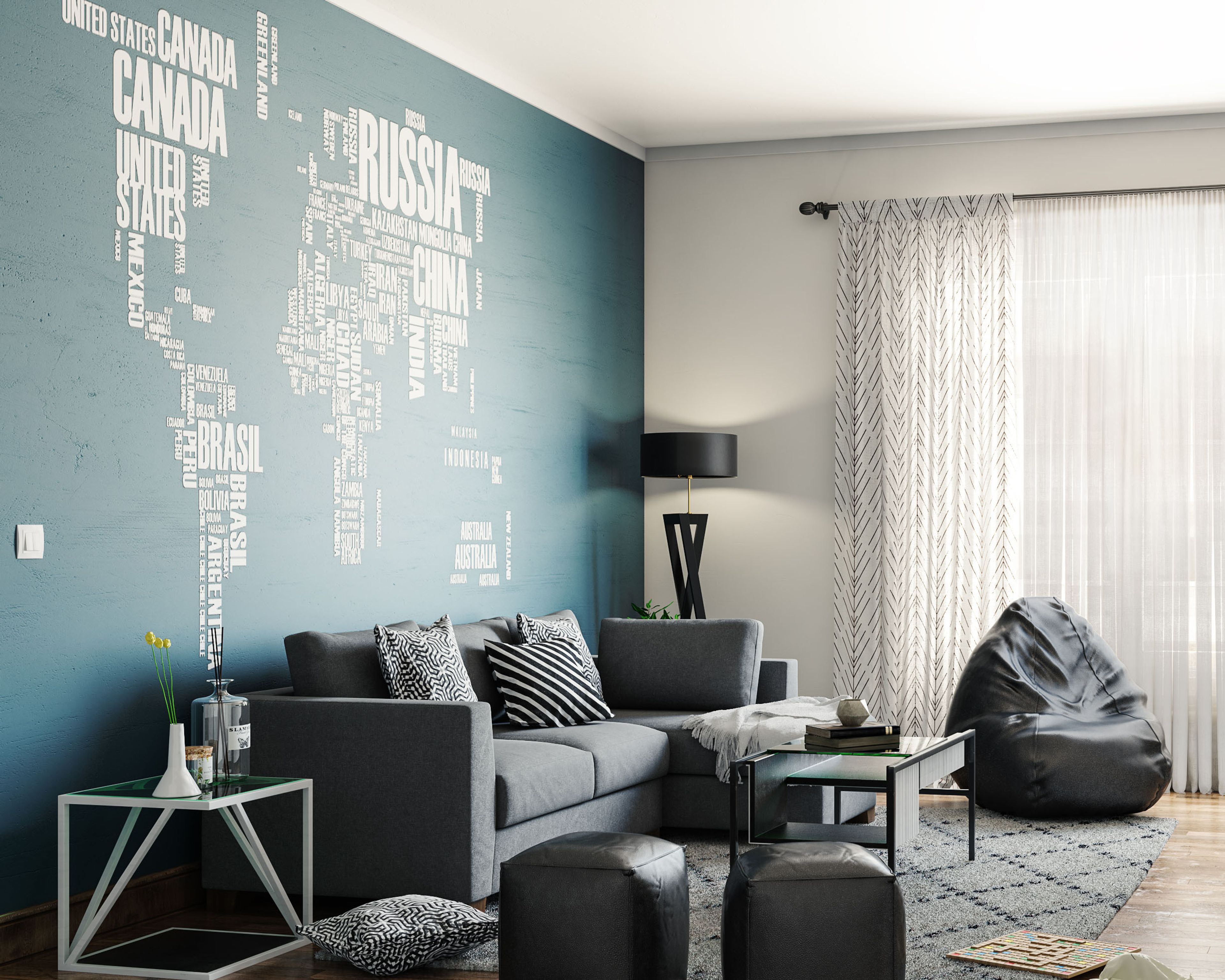 Modern Living Room Wall Design With Blue-White World Map Wallpaper